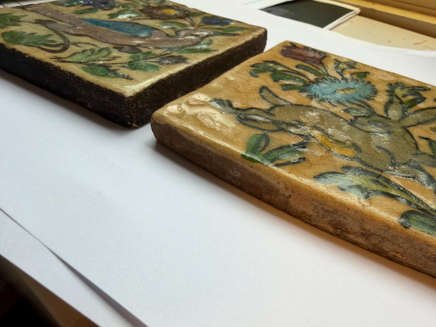 A set of 2 tiles thick handmade handpainted vintage midcentury collector tiles, polychrome eastern iznik qajar turkish  glass & ceramic