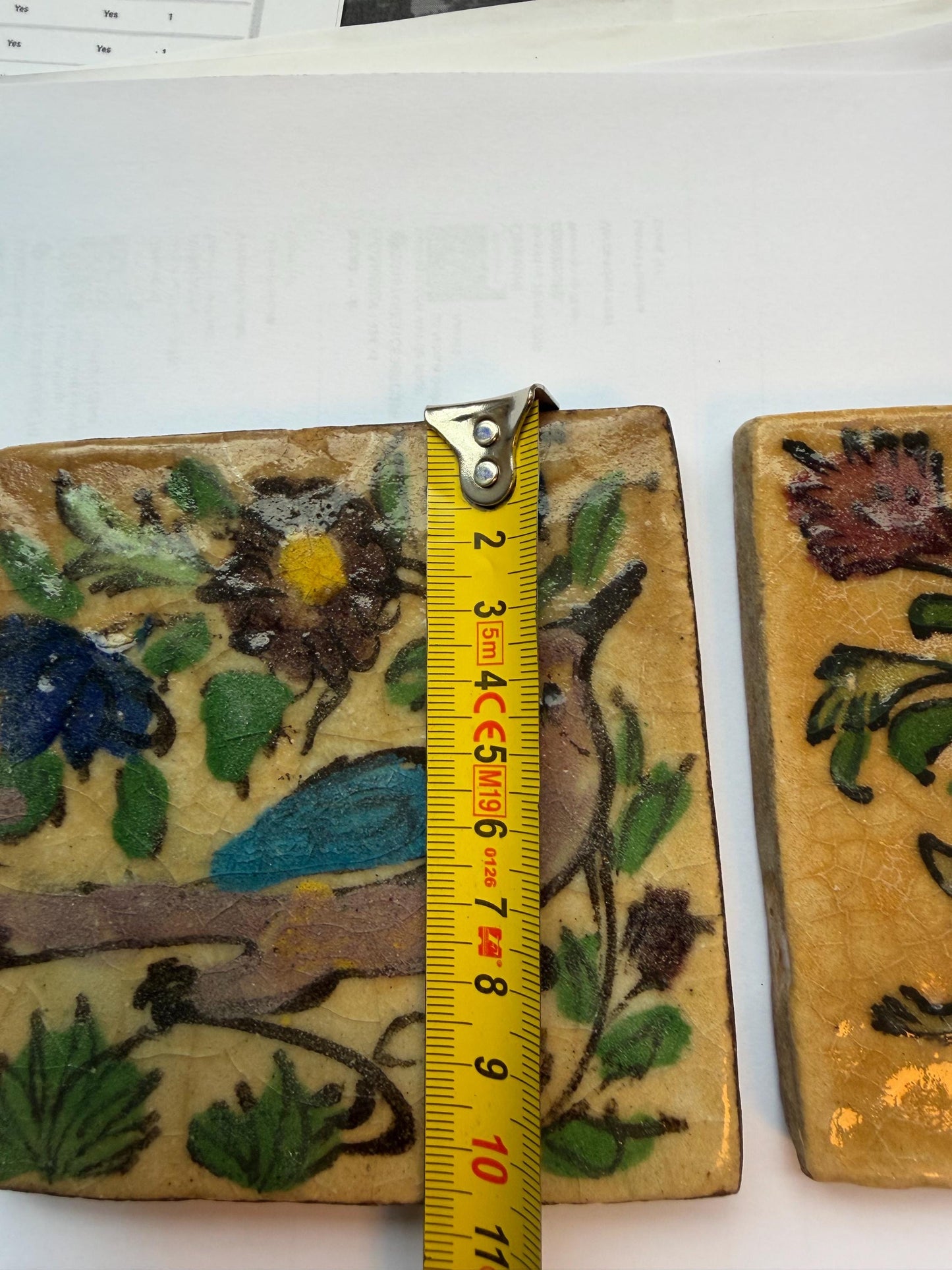 A set of 2 tiles thick handmade handpainted vintage midcentury collector tiles, polychrome eastern iznik qajar turkish  glass & ceramic