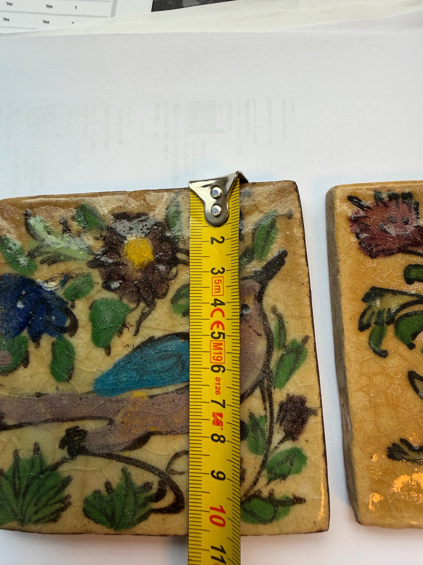 A set of 2 tiles thick handmade handpainted vintage midcentury collector tiles, polychrome eastern iznik qajar turkish  glass & ceramic