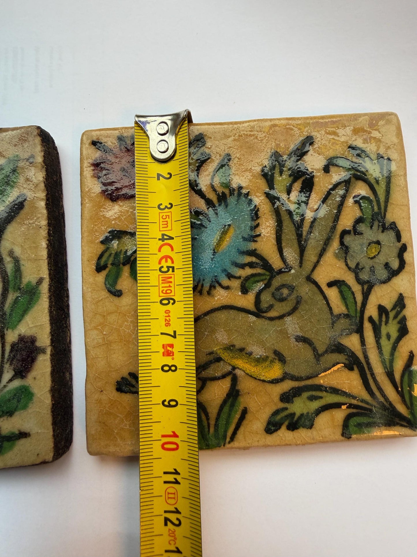 A set of 2 tiles thick handmade handpainted vintage midcentury collector tiles, polychrome eastern iznik qajar turkish  glass & ceramic