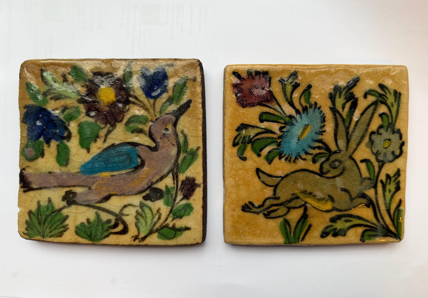A set of 2 tiles thick handmade handpainted vintage midcentury collector tiles, polychrome eastern iznik qajar turkish  glass & ceramic