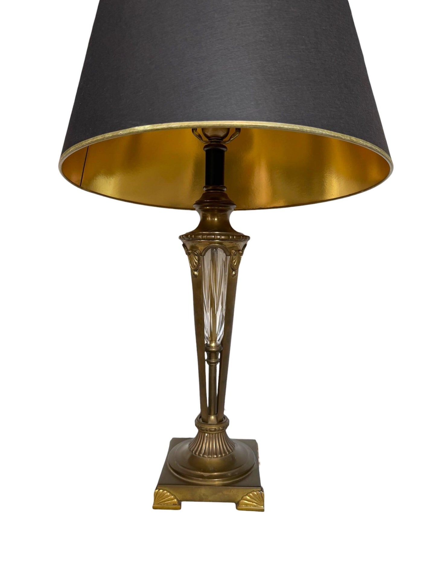 large Waterford Style Bronze Cut Crystal Empire Table Lamp Black Gold Shade, midcentury exclusiveausema lights