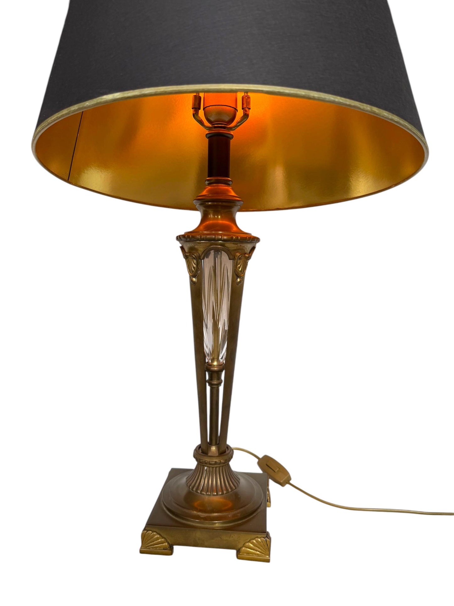 large Waterford Style Bronze Cut Crystal Empire Table Lamp Black Gold Shade, midcentury exclusiveausema lights