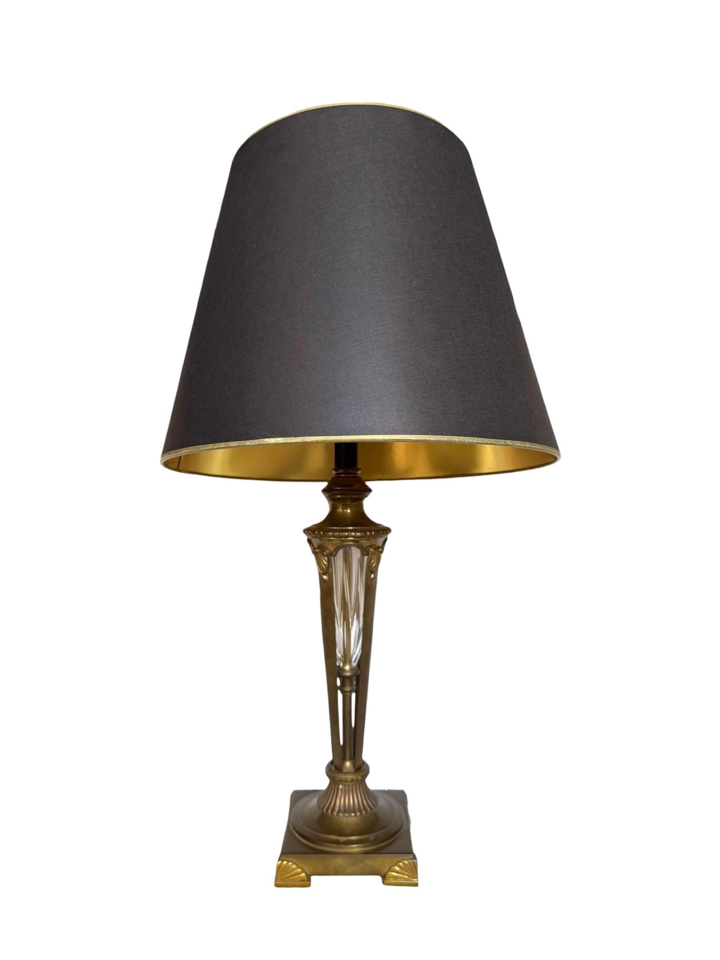 large Waterford Style Bronze Cut Crystal Empire Table Lamp Black Gold Shade, midcentury exclusiveausema lights