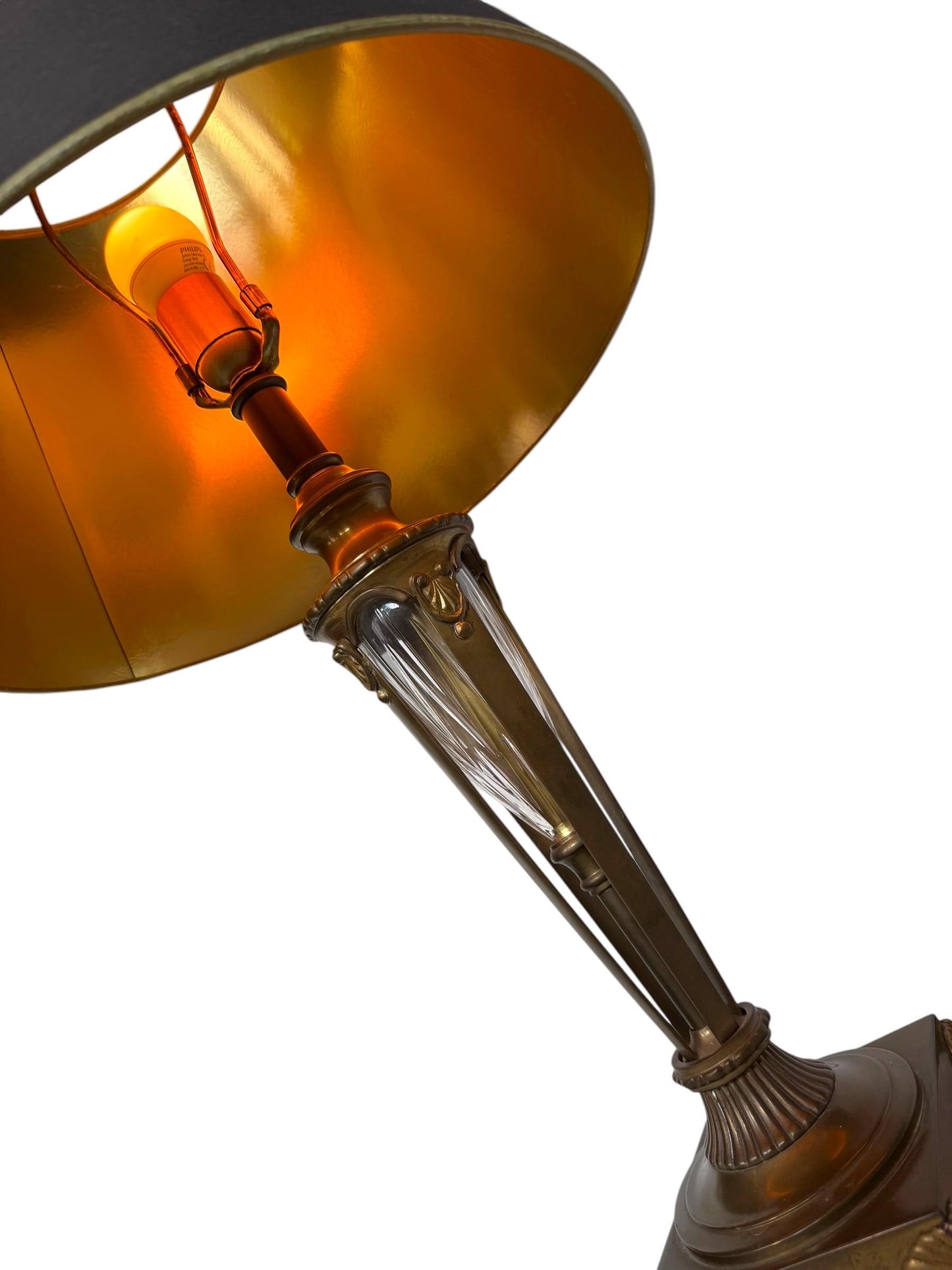 large Waterford Style Bronze Cut Crystal Empire Table Lamp Black Gold Shade, midcentury exclusiveausema lights