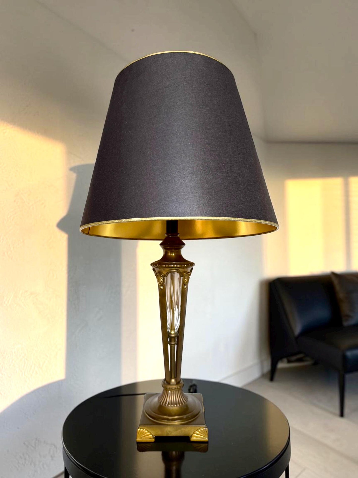 large Waterford Style Bronze Cut Crystal Empire Table Lamp Black Gold Shade, midcentury exclusiveausema lights