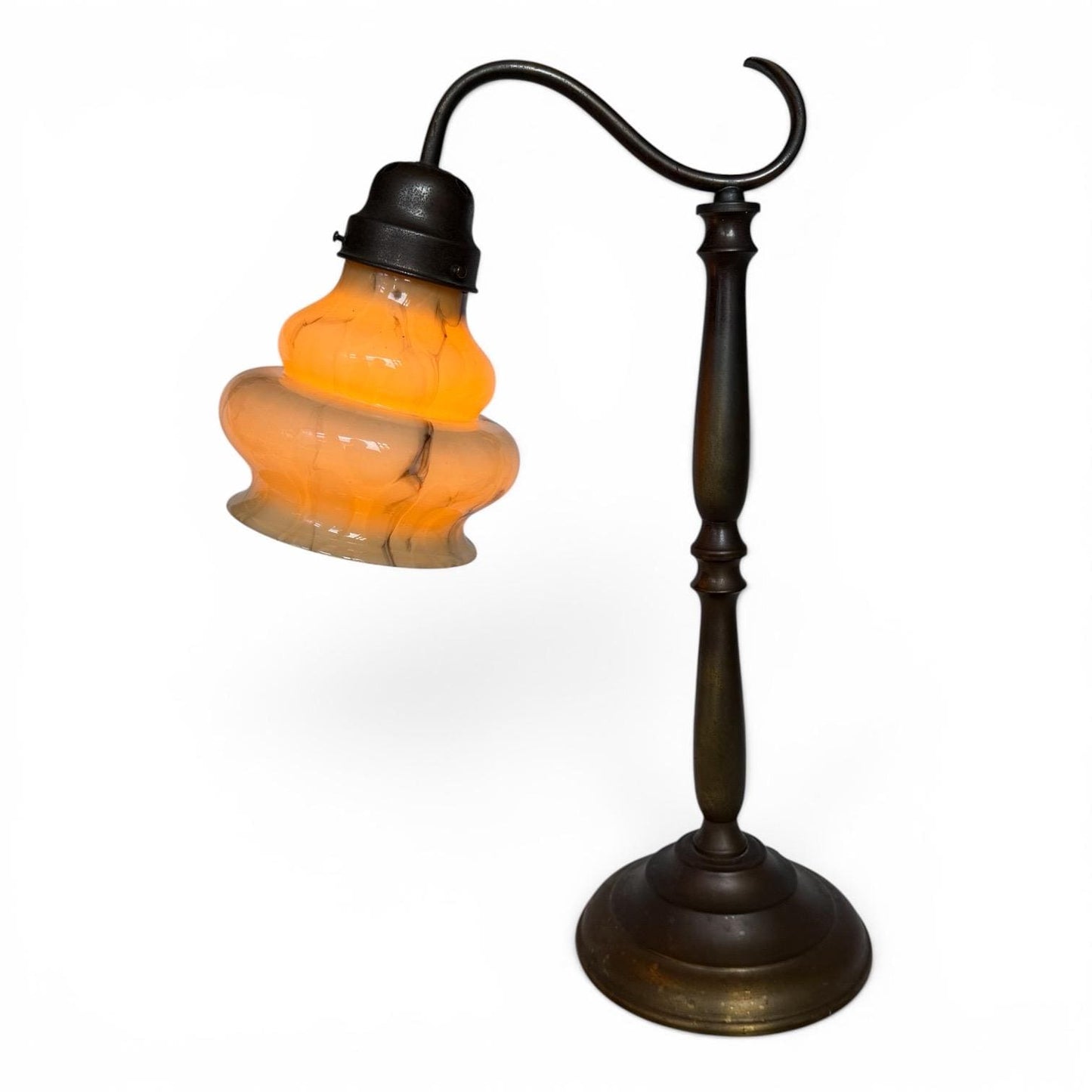 desklamp Antique Art Nouveau Brass Table Lamp Marbleized Opaline Glass Shade c1900 bulbous, opaline double gourd, organic art nouveau shade.