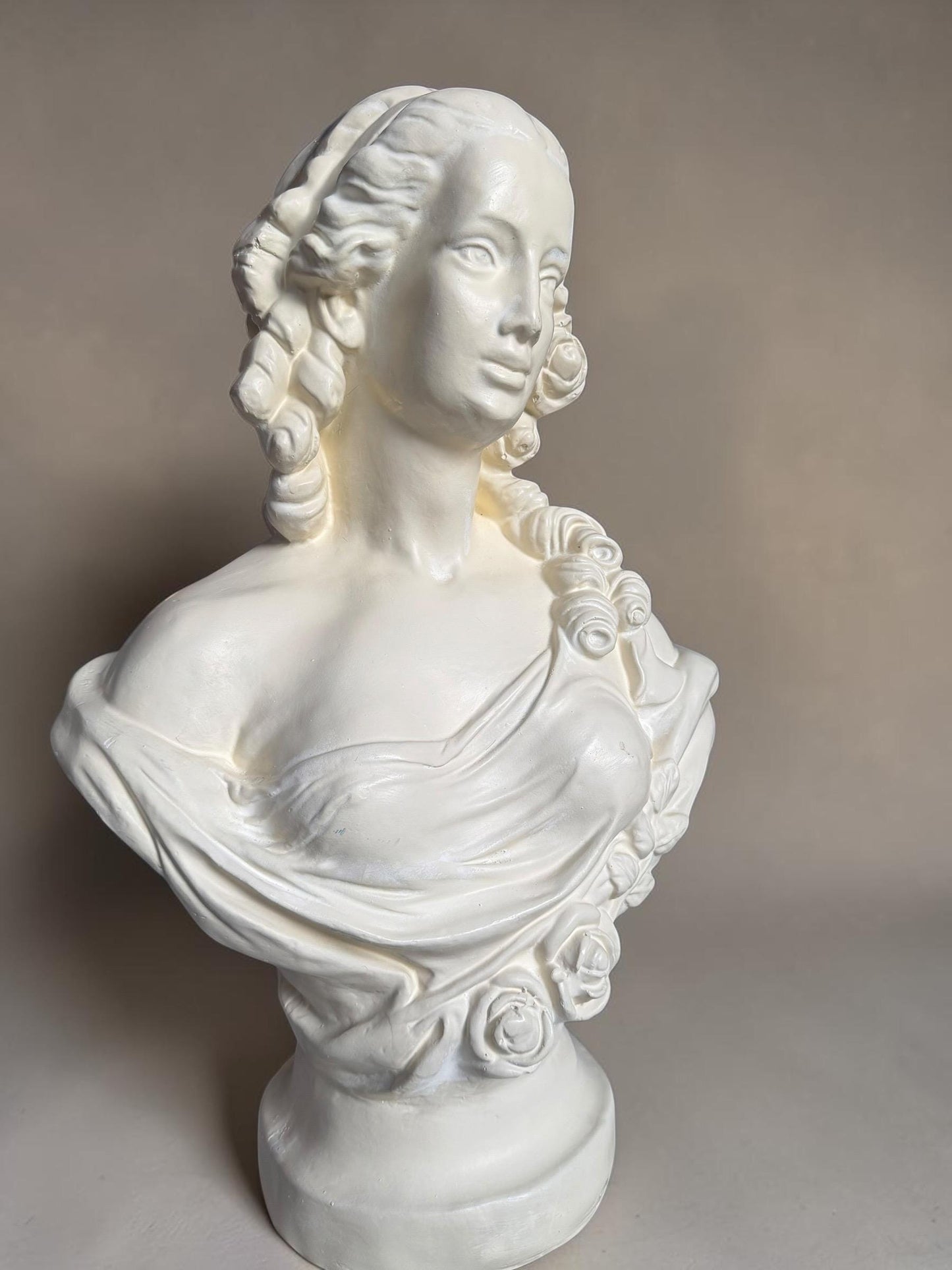 XL French Brocante Plaster Bust Romantic Lady Neoclassical Sculpture 60 cm Brocante classic antique. around 1920’s, France.