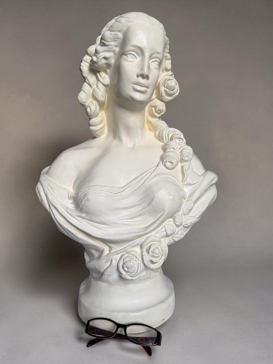 XL French Brocante Plaster Bust Romantic Lady Neoclassical Sculpture 60 cm Brocante classic antique. around 1920’s, France.