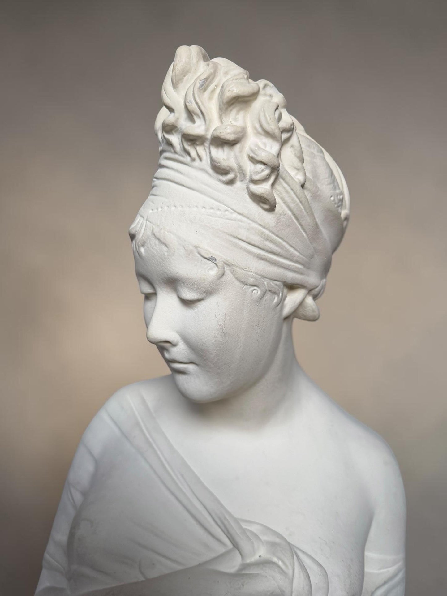 XL French Brocante Plaster Bust Romantic Lady Neoclassical Sculpture 55 cm Brocante classic antique. around 1920’s, France.