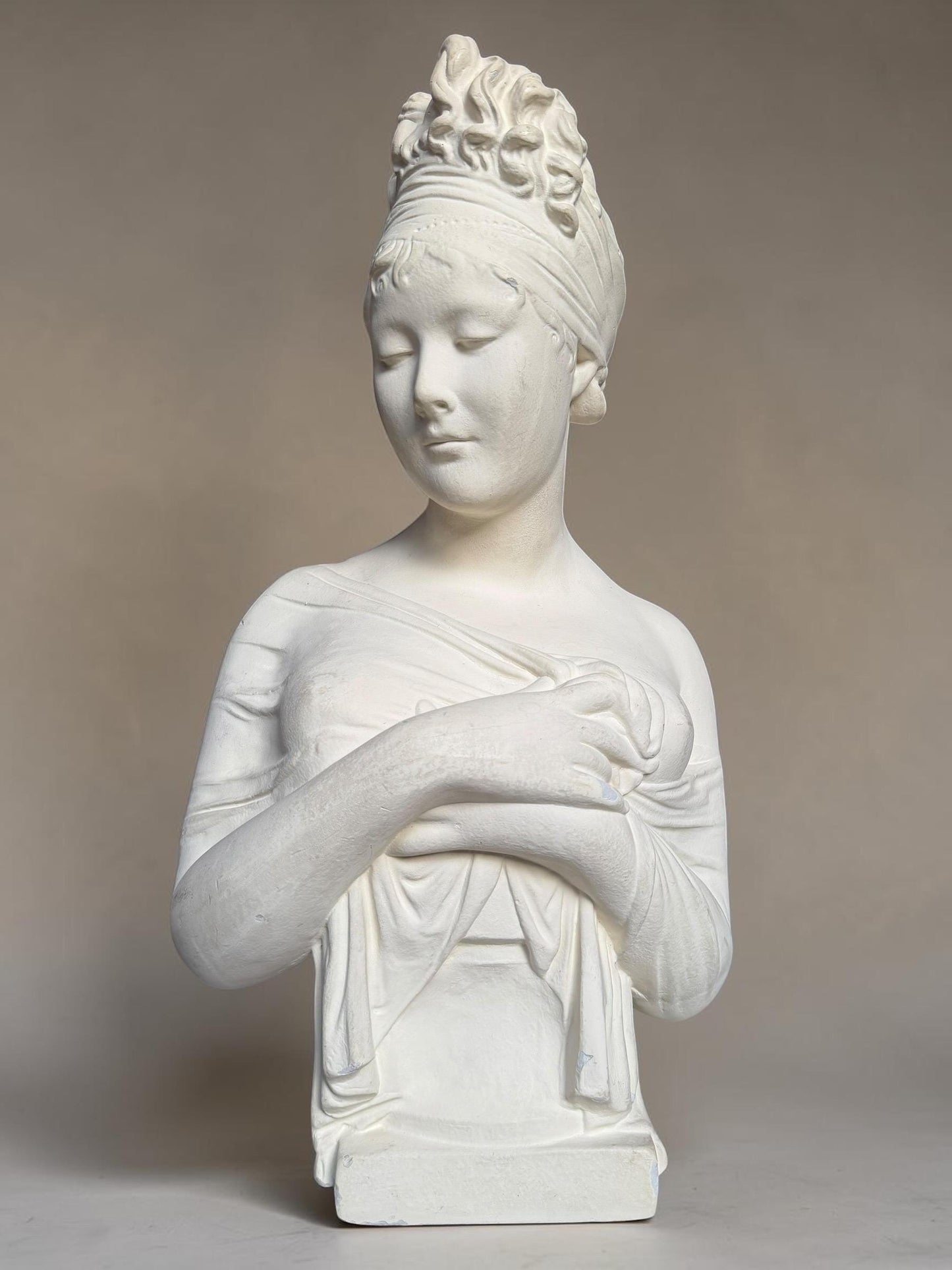 XL French Brocante Plaster Bust Romantic Lady Neoclassical Sculpture 55 cm Brocante classic antique. around 1920’s, France.