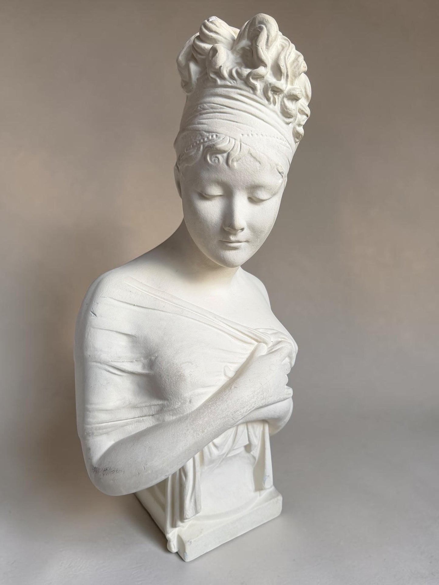 XL French Brocante Plaster Bust Romantic Lady Neoclassical Sculpture 55 cm Brocante classic antique. around 1920’s, France.