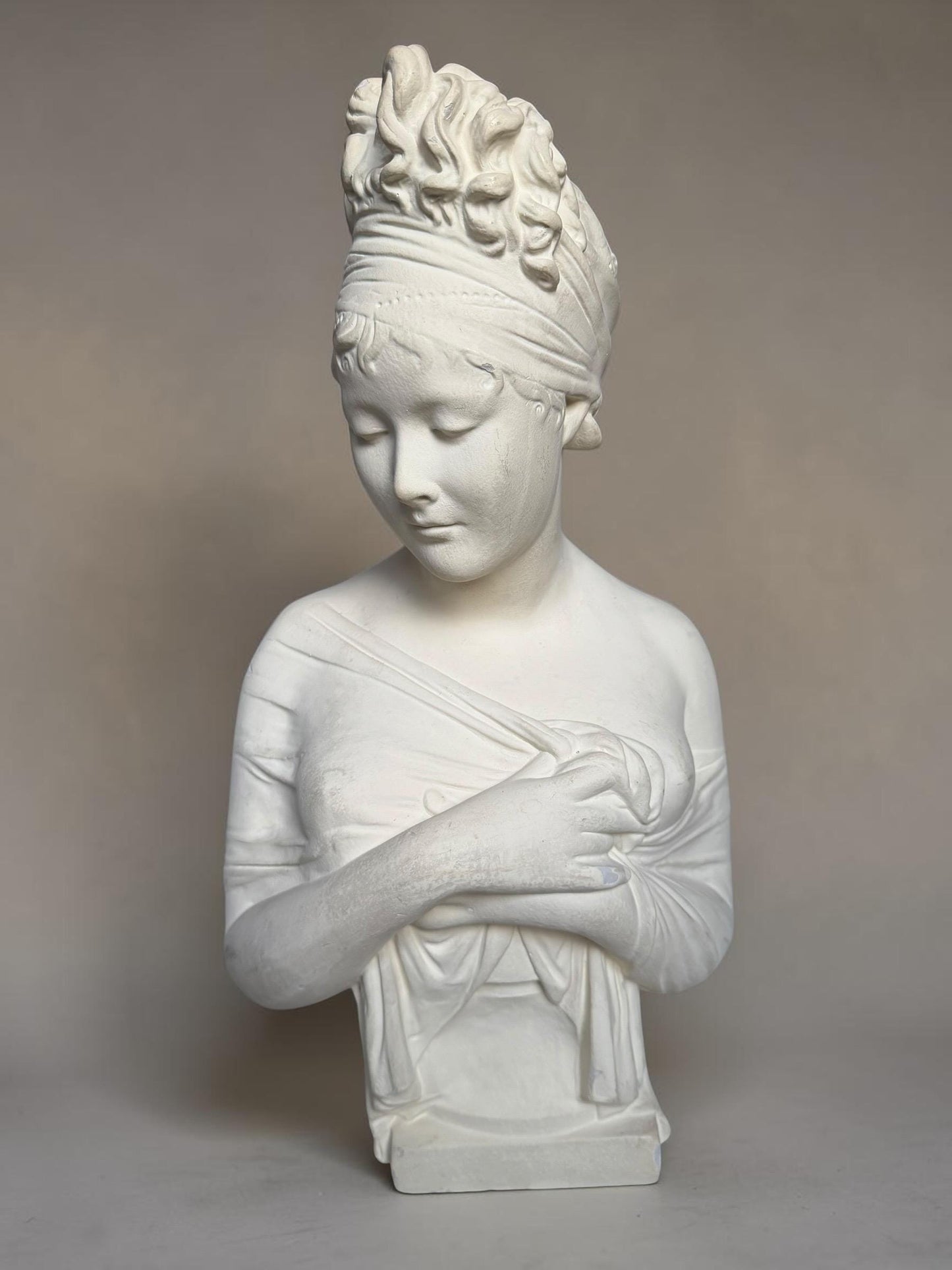 XL French Brocante Plaster Bust Romantic Lady Neoclassical Sculpture 55 cm Brocante classic antique. around 1920’s, France.