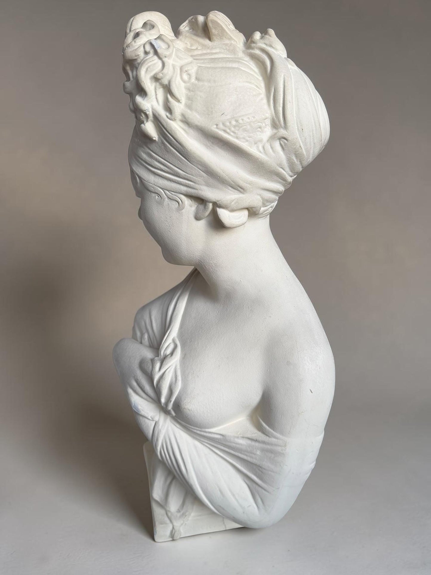 XL French Brocante Plaster Bust Romantic Lady Neoclassical Sculpture 55 cm Brocante classic antique. around 1920’s, France.