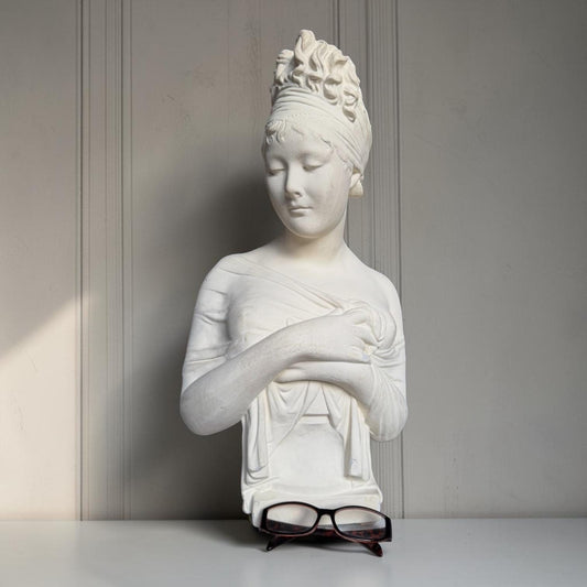 XL French Brocante Plaster Bust Romantic Lady Neoclassical Sculpture 55 cm Brocante classic antique. around 1920’s, France.