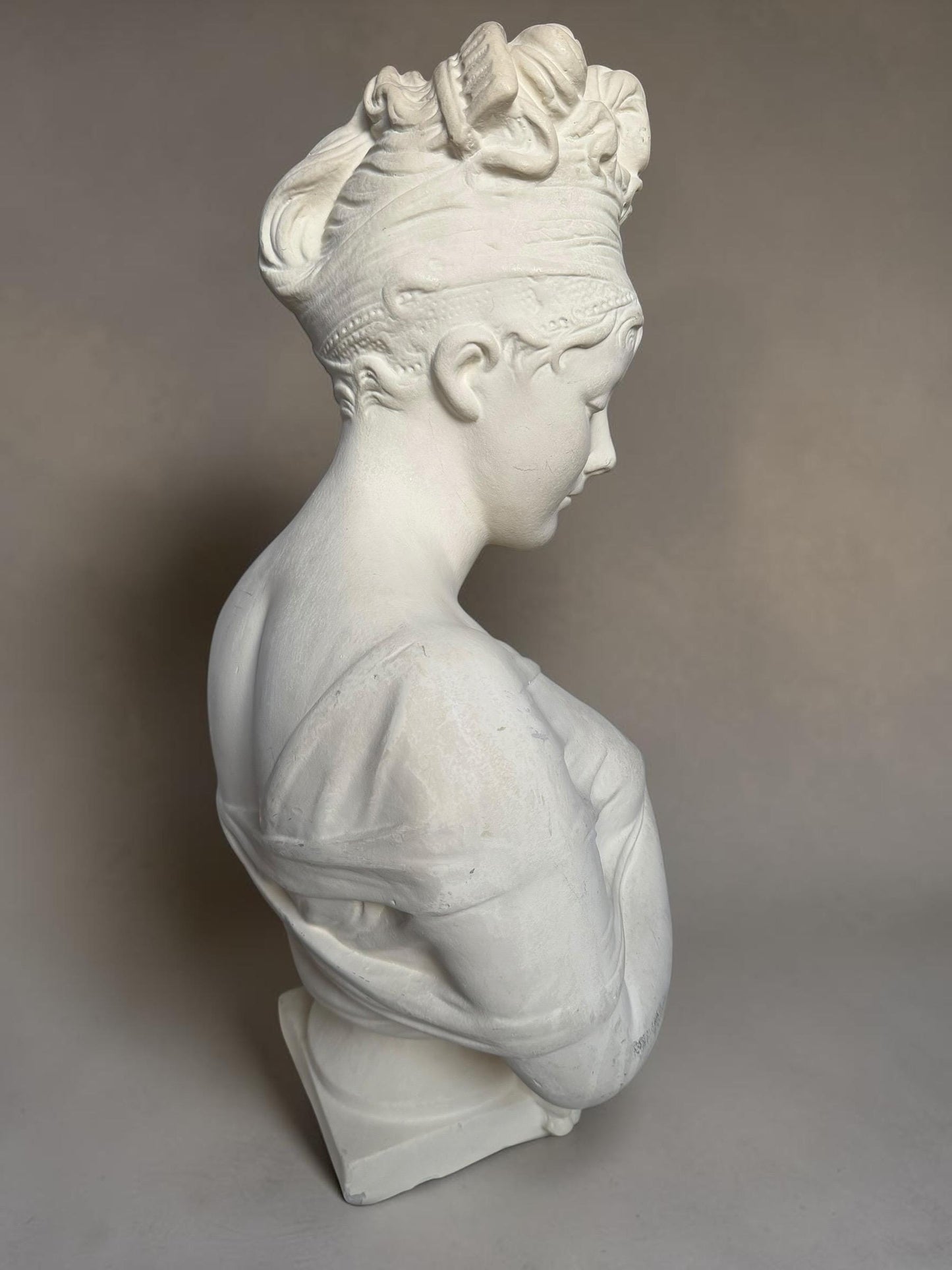 XL French Brocante Plaster Bust Romantic Lady Neoclassical Sculpture 55 cm Brocante classic antique. around 1920’s, France.