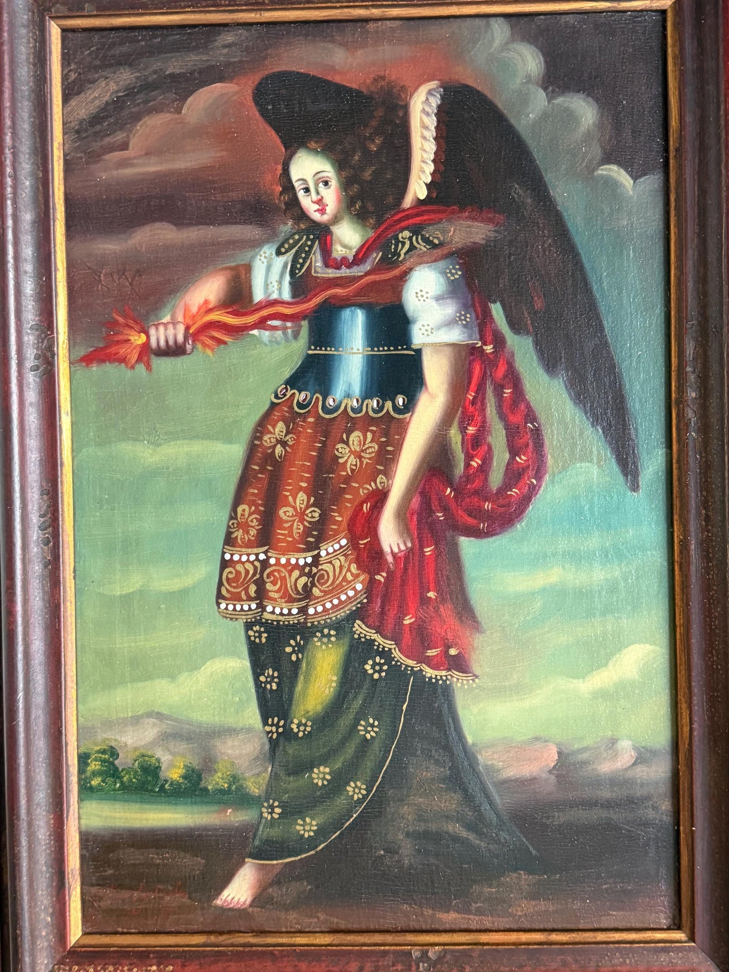 Colonial South American Archangel Michael Oil Painting Canvas, antique, Cusco School, signed, ca 1800 painting from ausema dutch art gallery