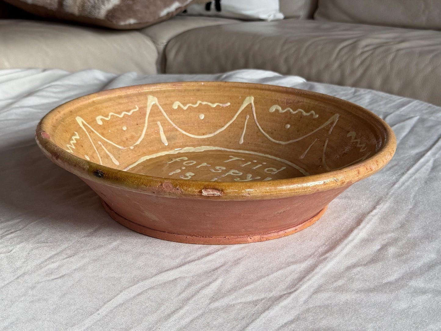 Antique Frisian Slibware, Large Motto Bowl, Circa 190,  Handcrafted Earthenware: ‘time wasted is money wasted’glass & ceramic