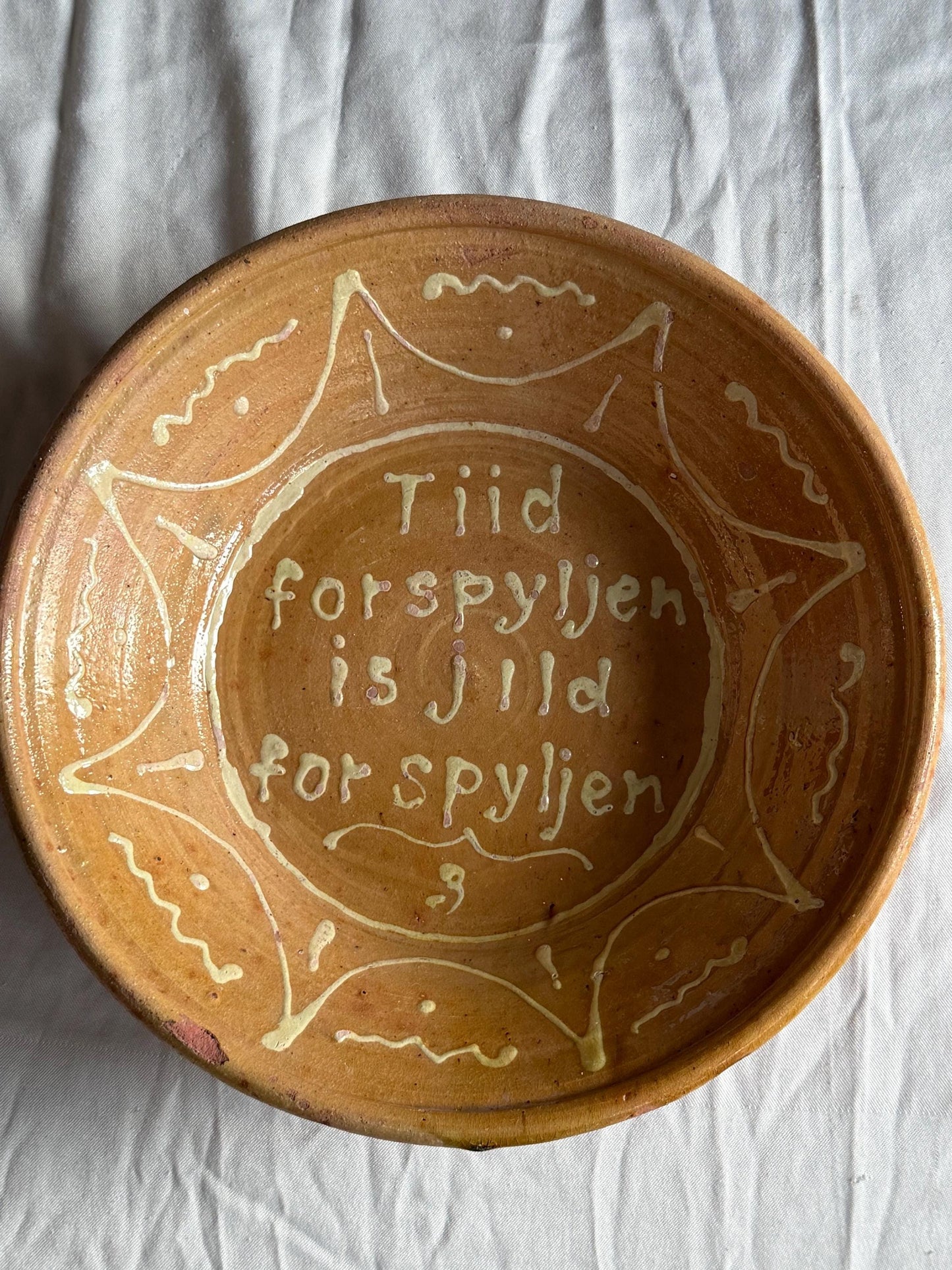Antique Frisian Slibware, Large Motto Bowl, Circa 190,  Handcrafted Earthenware: ‘time wasted is money wasted’glass & ceramic