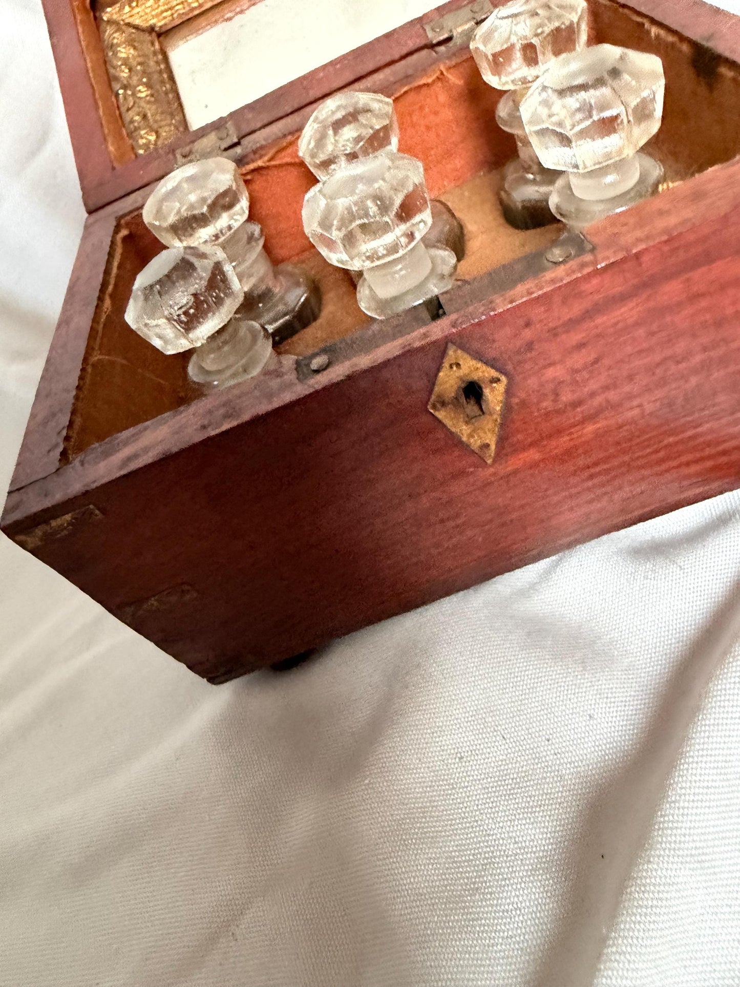 Victorian Walnut Perfume Casket with Brass Wire Inlay and Six Cut Glass Bottles Circa 1850