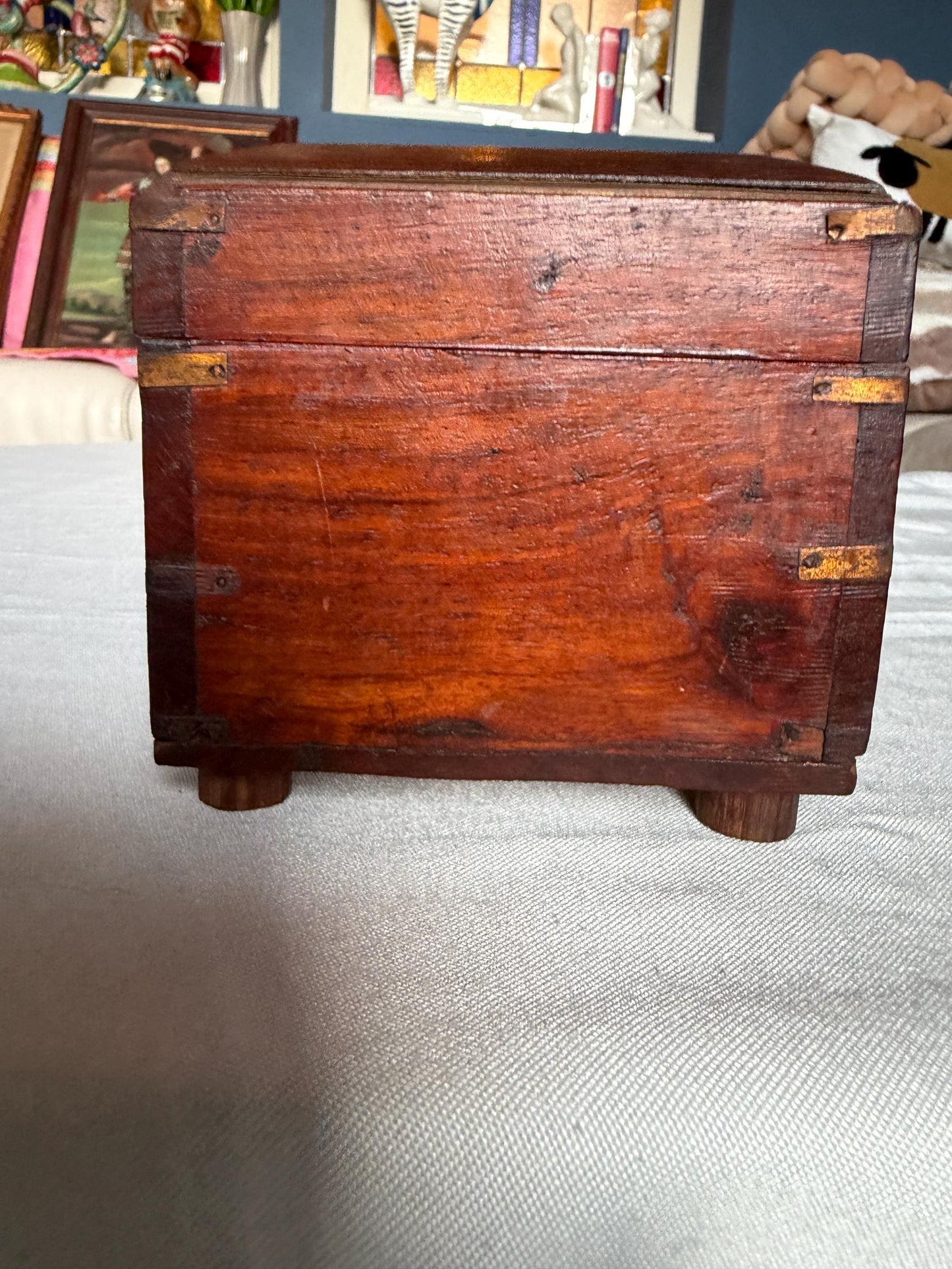 Victorian Walnut Perfume Casket with Brass Wire Inlay and Six Cut Glass Bottles Circa 1850