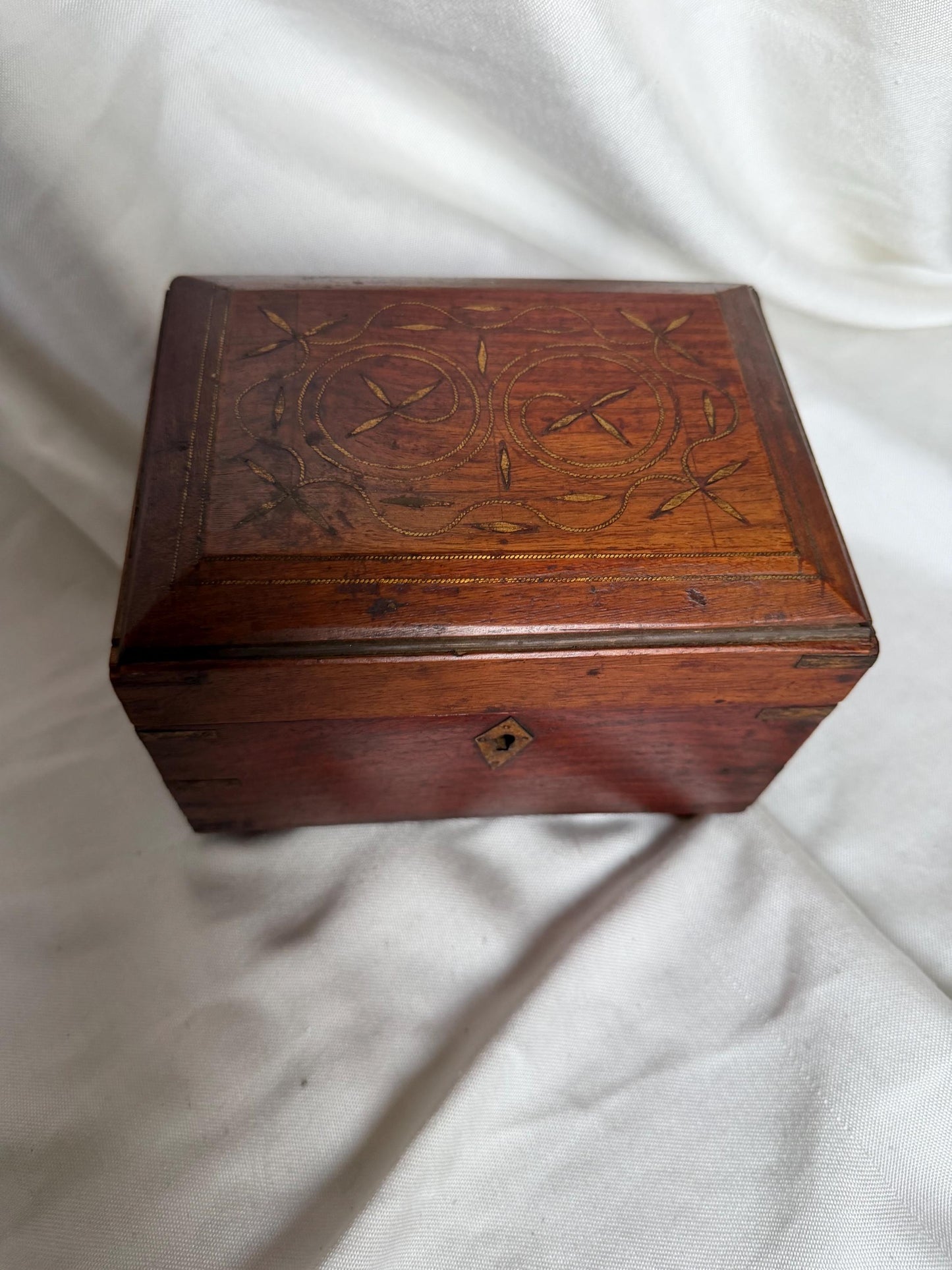 Victorian Walnut Perfume Casket with Brass Wire Inlay and Six Cut Glass Bottles Circa 1850