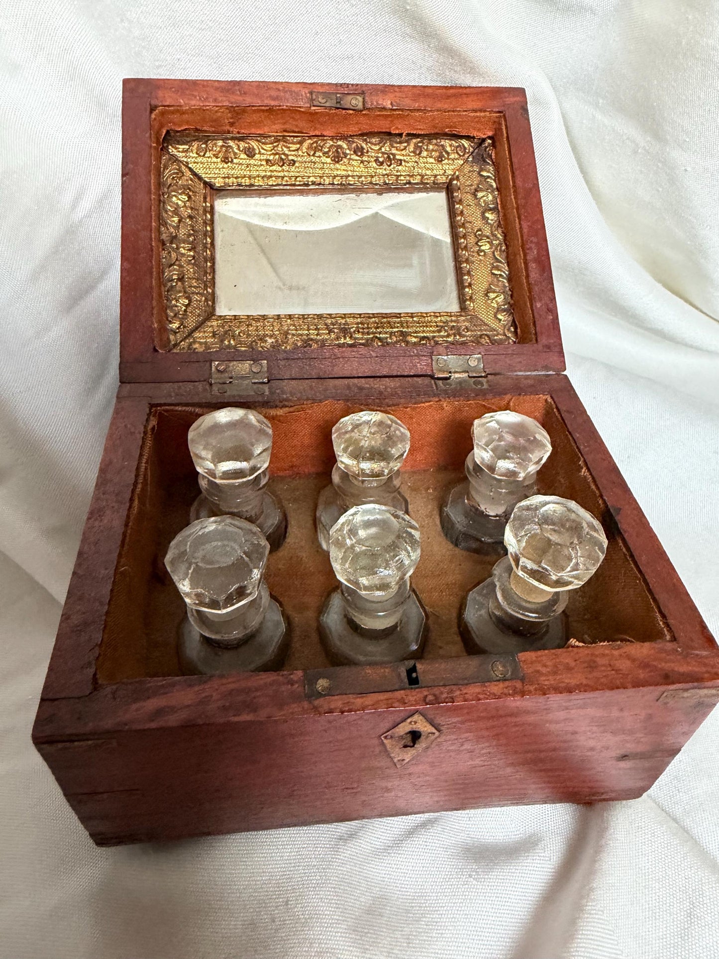 Victorian Walnut Perfume Casket with Brass Wire Inlay and Six Cut Glass Bottles Circa 1850