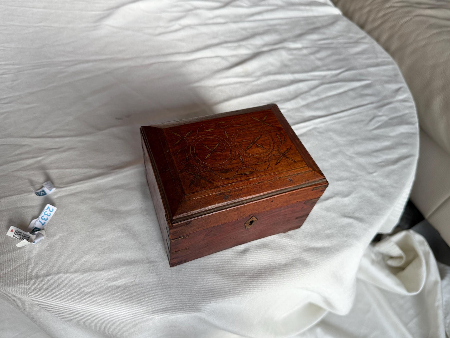 Victorian Walnut Perfume Casket with Brass Wire Inlay and Six Cut Glass Bottles Circa 1850