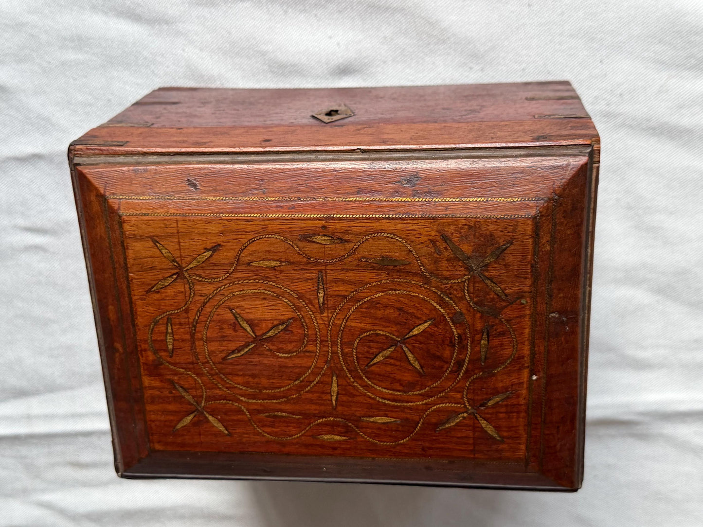 Victorian Walnut Perfume Casket with Brass Wire Inlay and Six Cut Glass Bottles Circa 1850
