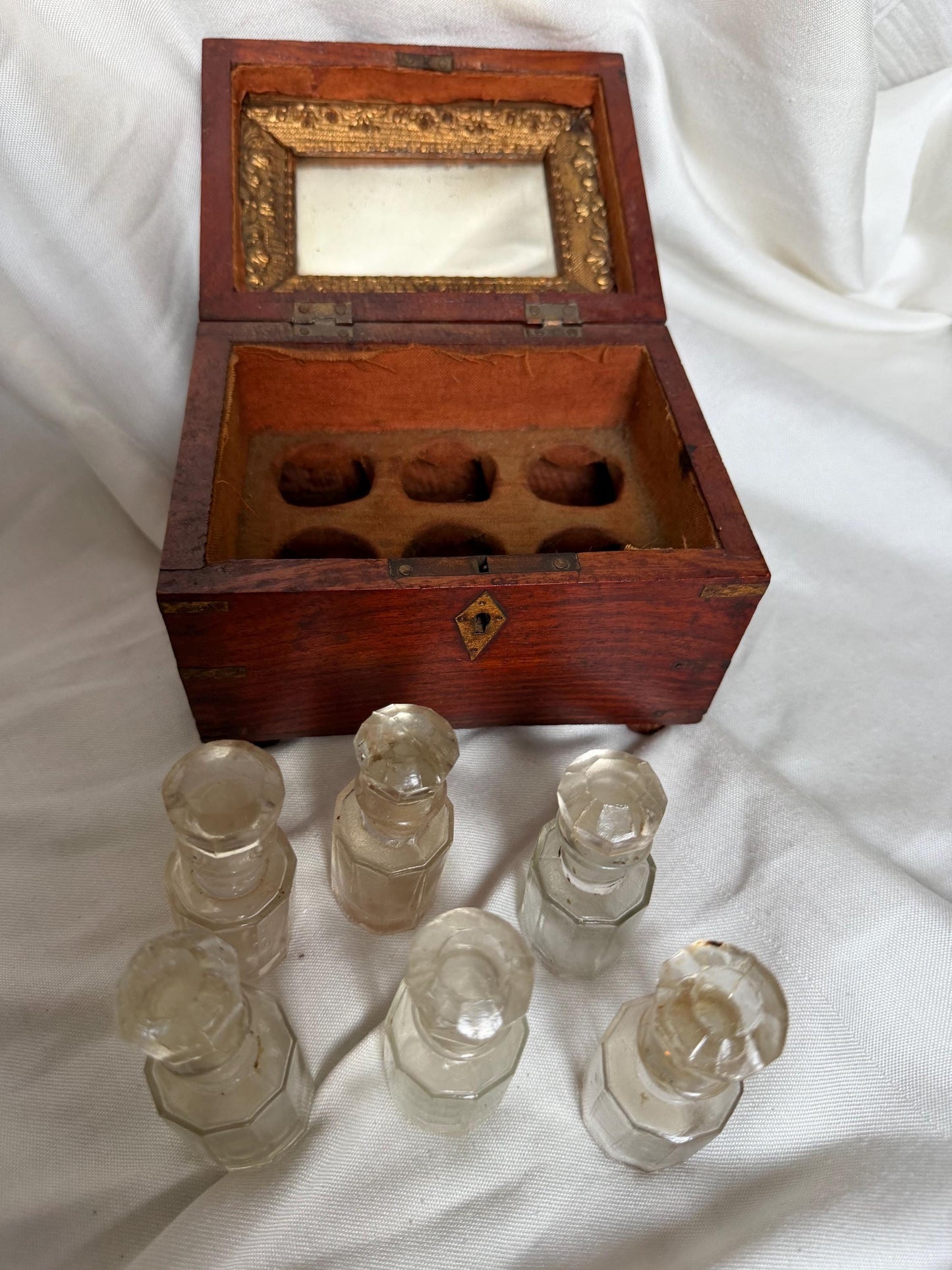 Victorian Walnut Perfume Casket with Brass Wire Inlay and Six Cut Glass Bottles Circa 1850