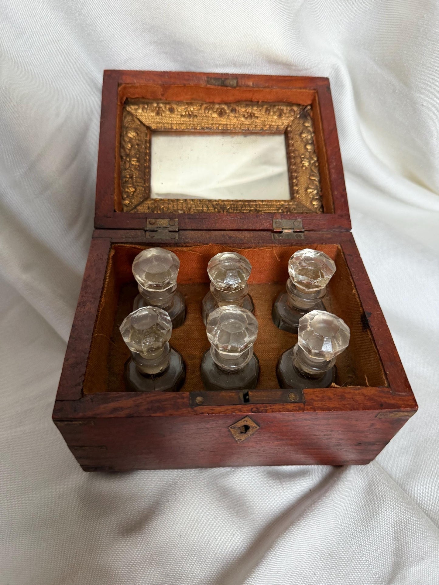 Victorian Walnut Perfume Casket with Brass Wire Inlay and Six Cut Glass Bottles Circa 1850