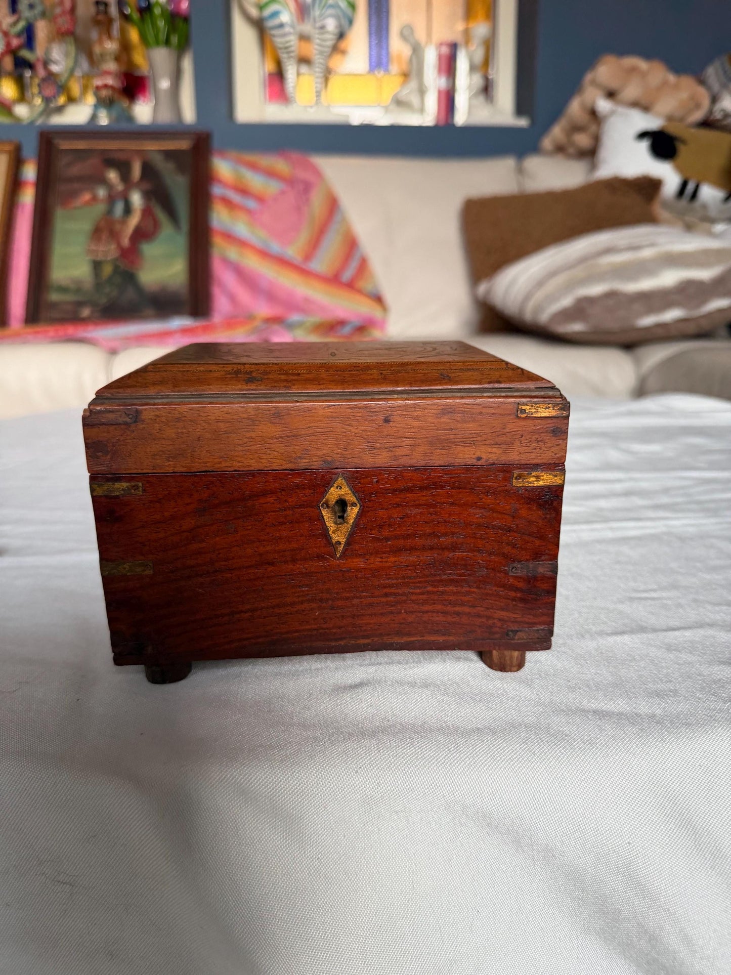 Victorian Walnut Perfume Casket with Brass Wire Inlay and Six Cut Glass Bottles Circa 1850