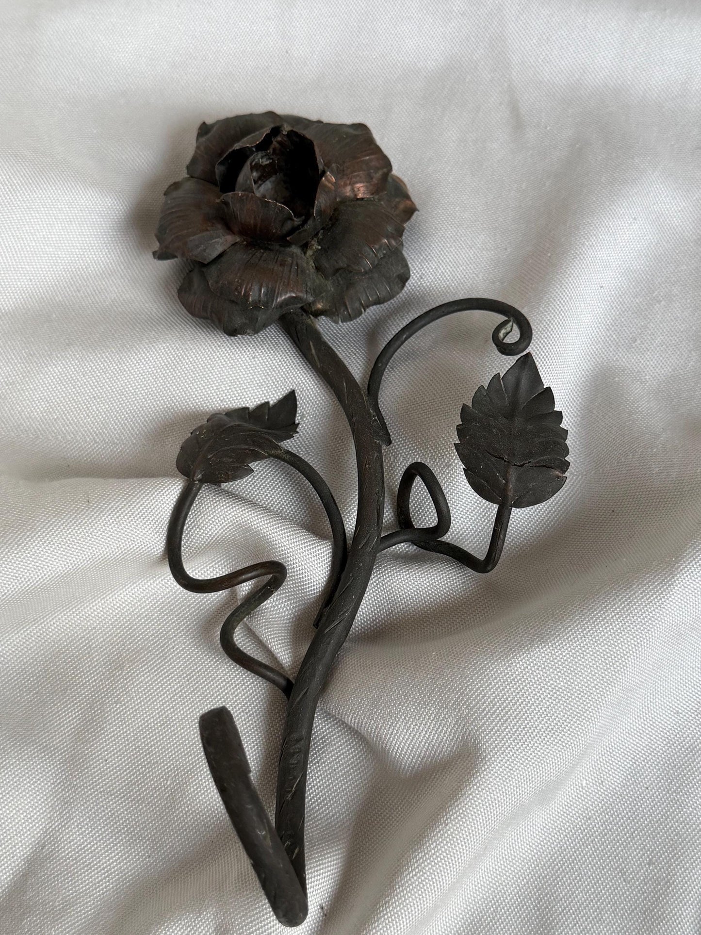 Antique set English Arts and Crafts Bronze Rose Table Candlestick with Hand Forged Snuffer circa 1900 flower.