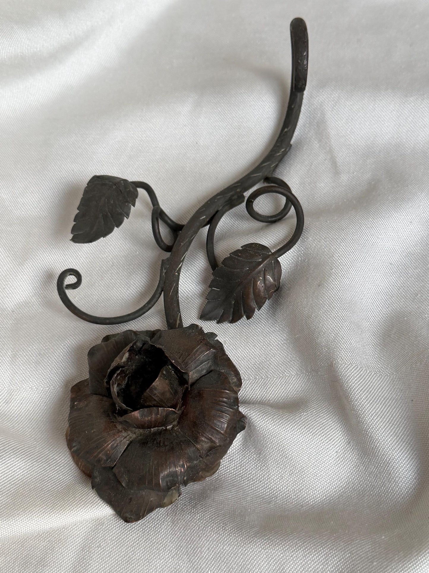 Antique set English Arts and Crafts Bronze Rose Table Candlestick with Hand Forged Snuffer circa 1900 flower.