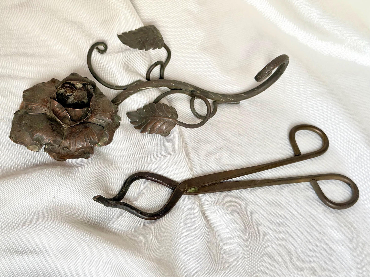 Antique set English Arts and Crafts Bronze Rose Table Candlestick with Hand Forged Snuffer circa 1900 flower.