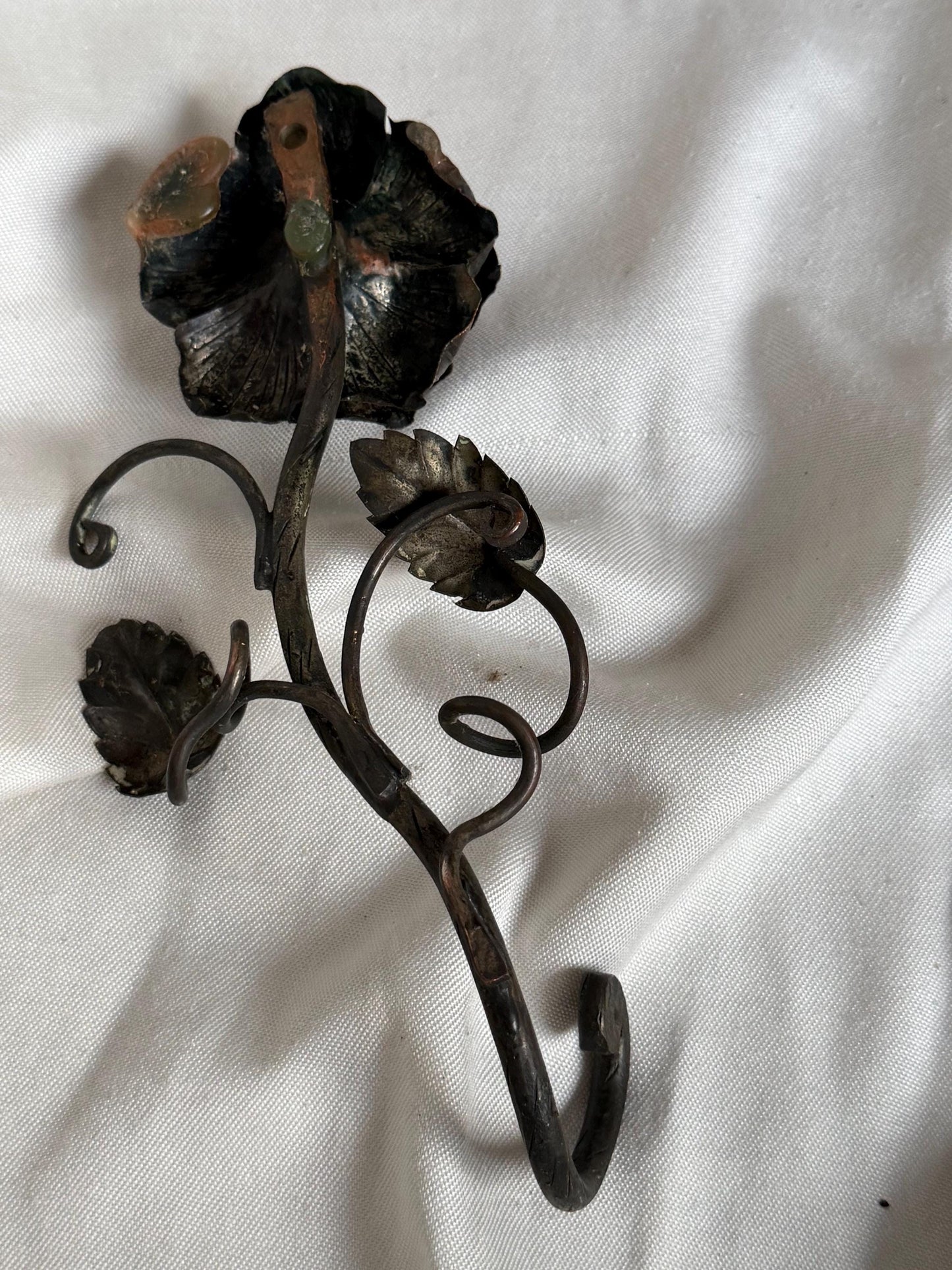 Antique set English Arts and Crafts Bronze Rose Table Candlestick with Hand Forged Snuffer circa 1900 flower.