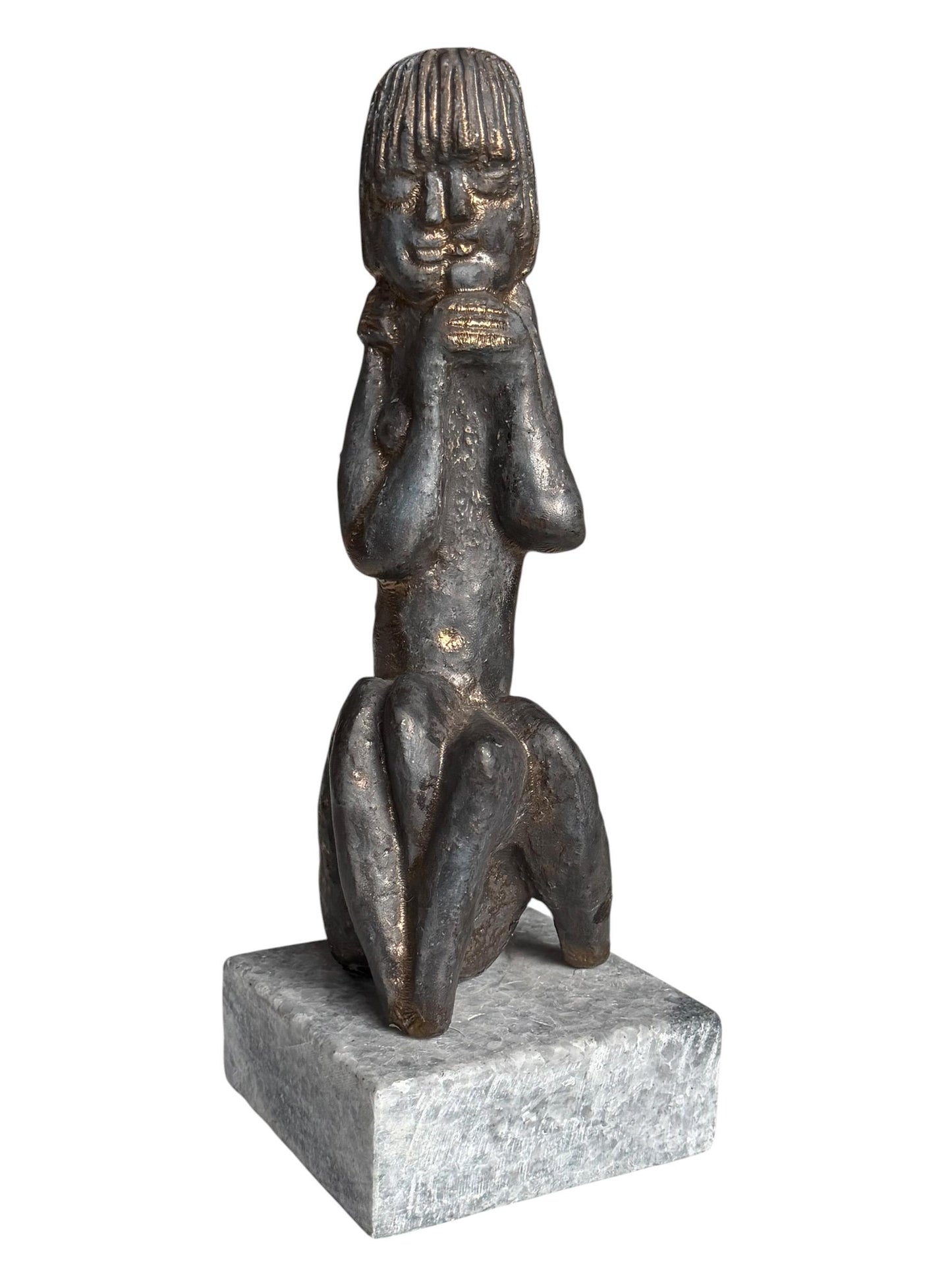 Bronze Janus Mask Figure from unknown Modernist, Sculpture, bronze patinated copper on Marble Base midcentury modern 26 cm wunderkammer