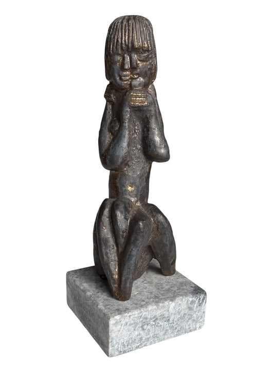 Bronze Janus Mask Figure from unknown Modernist, Sculpture, bronze patinated copper on Marble Base midcentury modern 26 cm wunderkammer