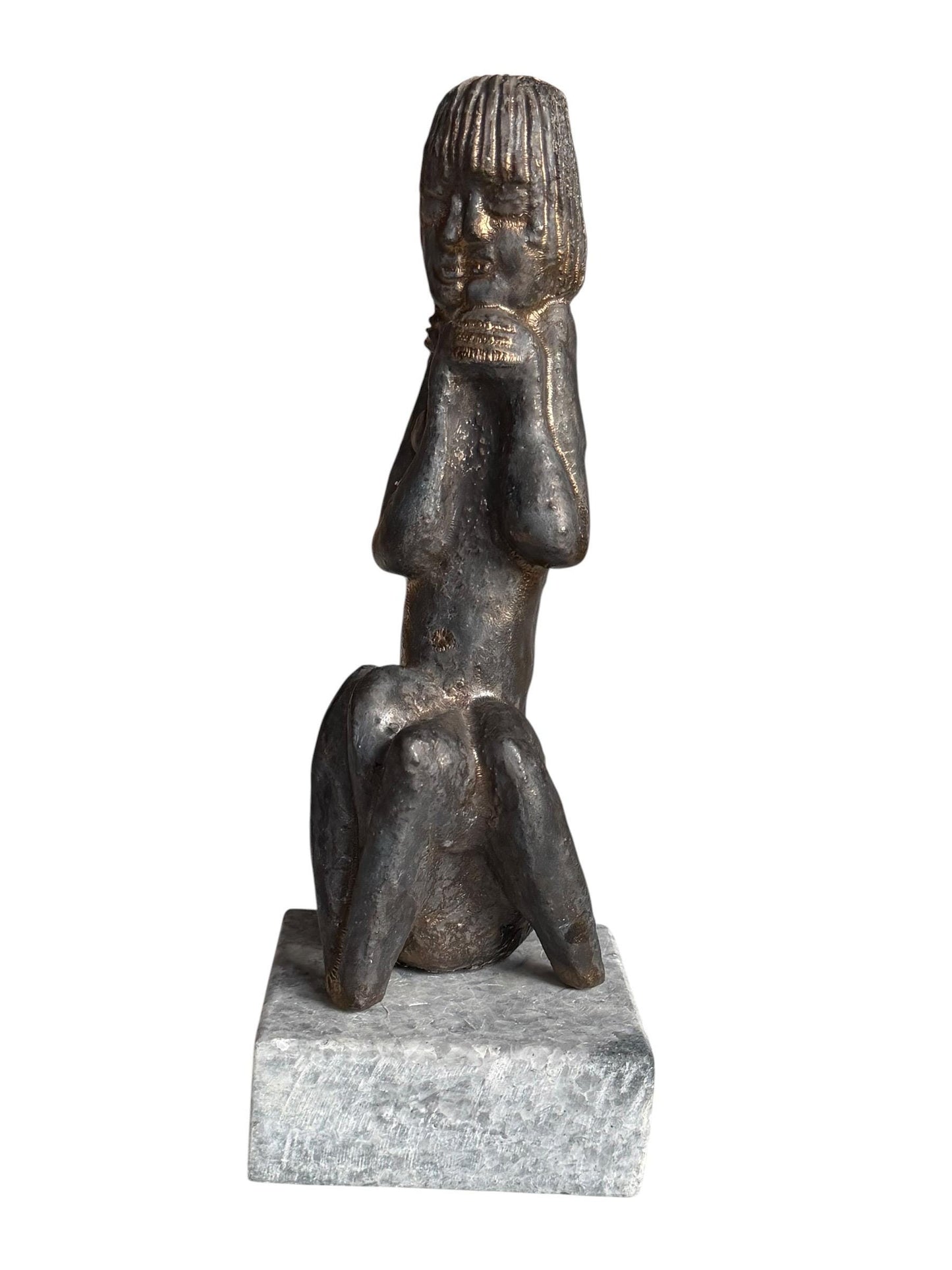 Bronze Janus Mask Figure from unknown Modernist, Sculpture, bronze patinated copper on Marble Base midcentury modern 26 cm wunderkammer