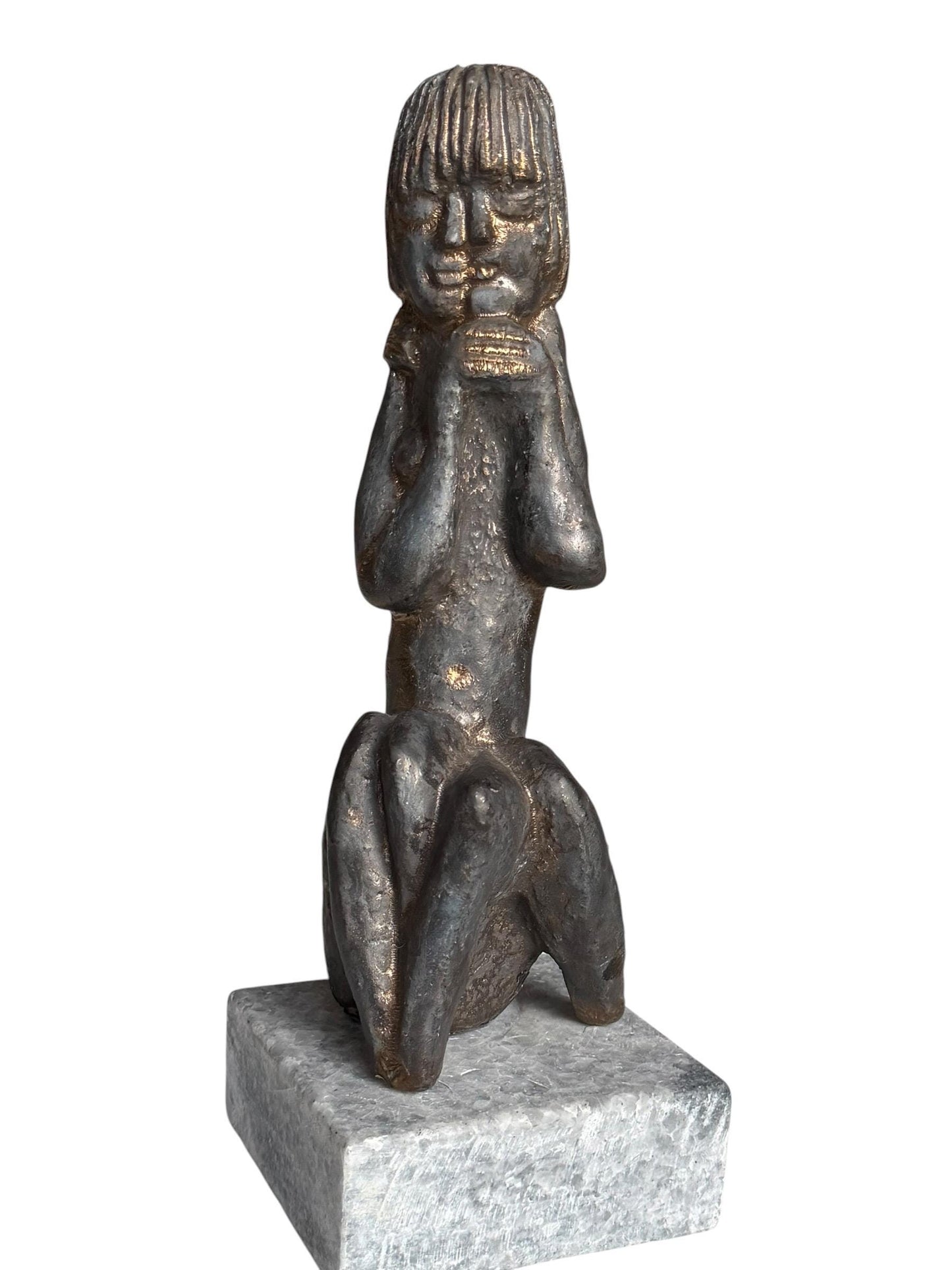 Bronze Janus Mask Figure from unknown Modernist, Sculpture, bronze patinated copper on Marble Base midcentury modern 26 cm wunderkammer
