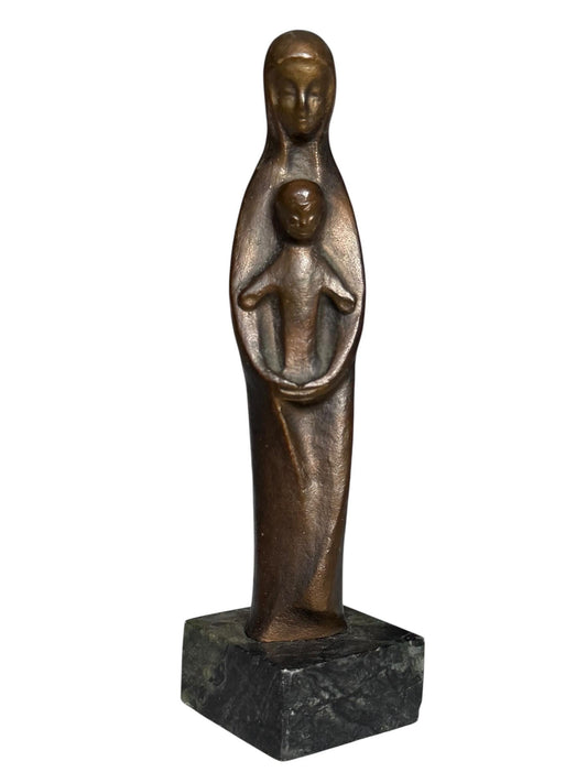Modernist  patinated Bronze Mother Madonna and Child Jesus Sculpture on Green marble Base, midcentury