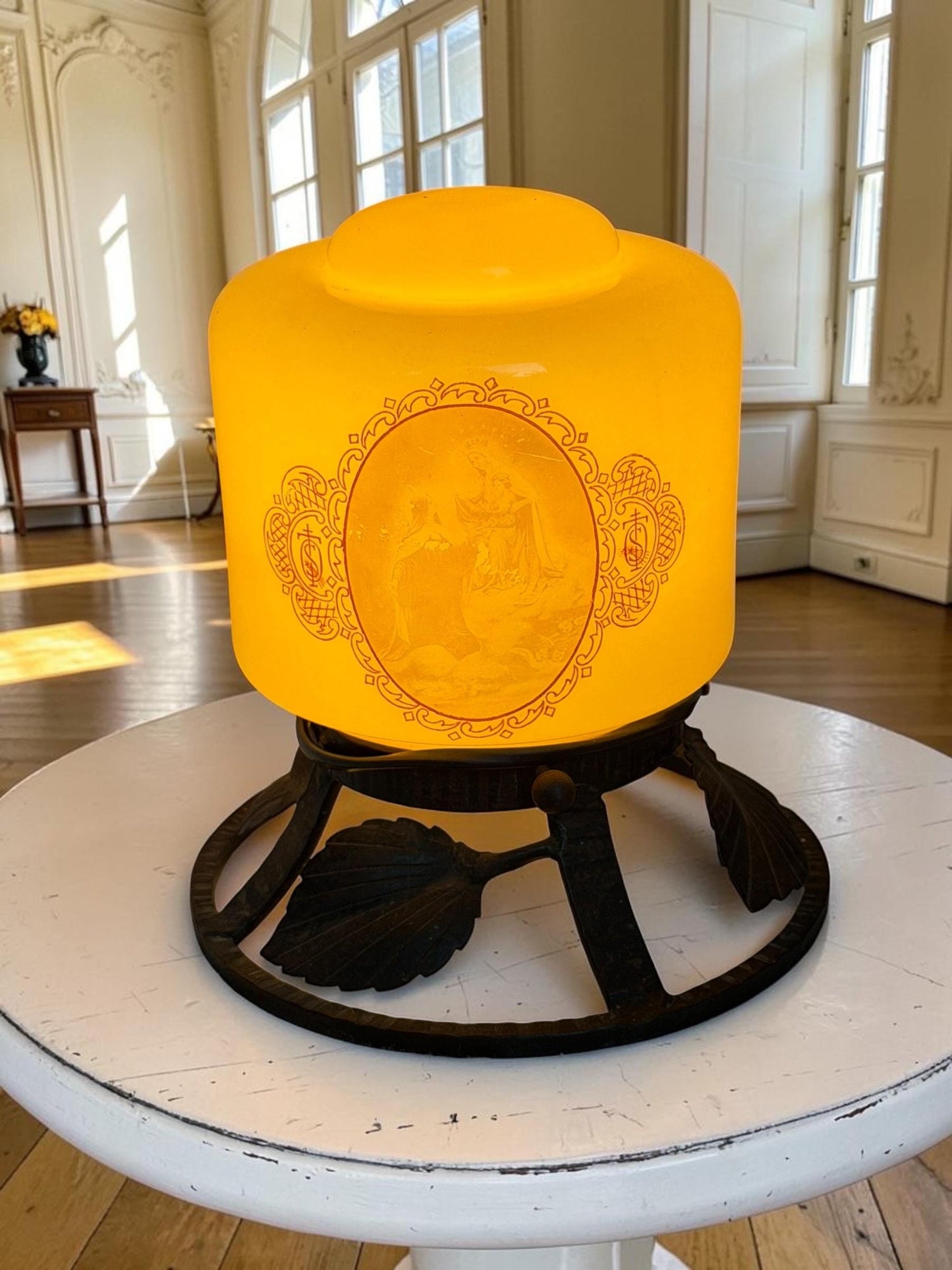Art Nouveau Religious Table Lamp with Enameled Glass Shade and Wrought Iron Baseausema lights