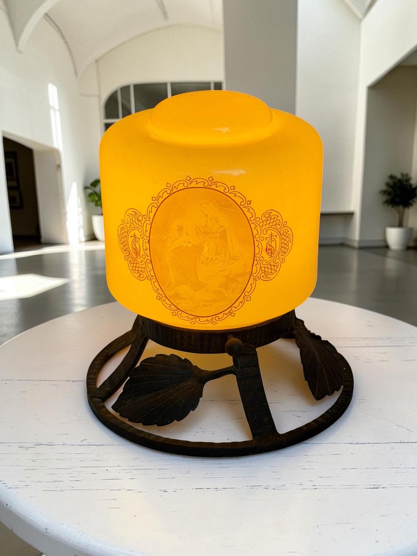 Art Nouveau Religious Table Lamp with Enameled Glass Shade and Wrought Iron Baseausema lights