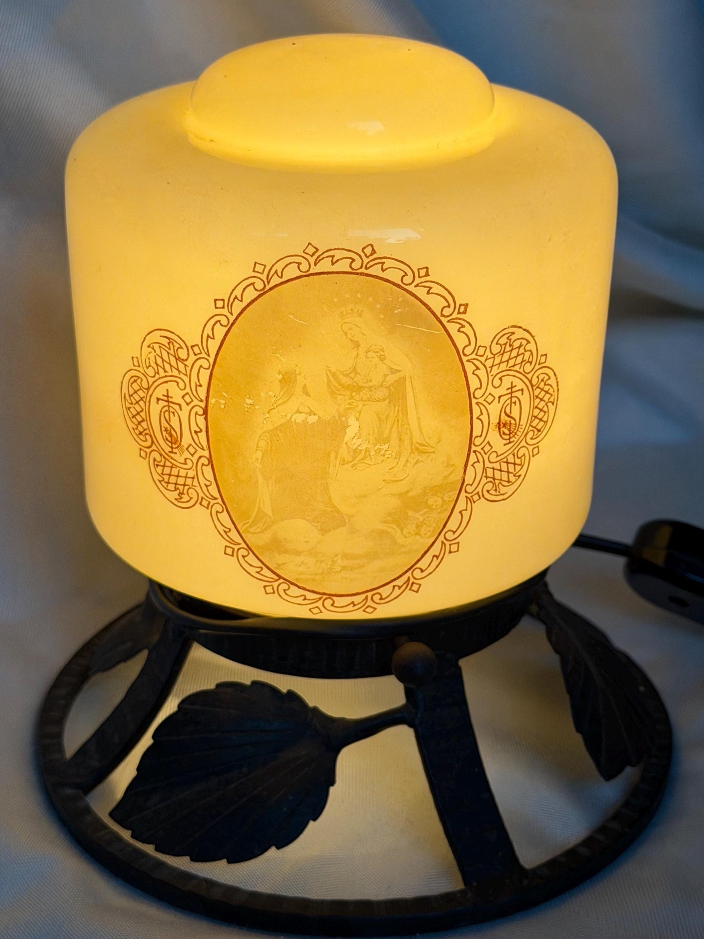 Art Nouveau Religious Table Lamp with Enameled Glass Shade and Wrought Iron Baseausema lights