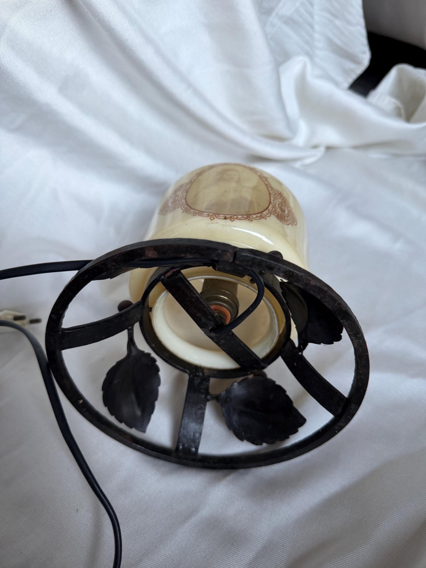 Art Nouveau Religious Table Lamp with Enameled Glass Shade and Wrought Iron Baseausema lights