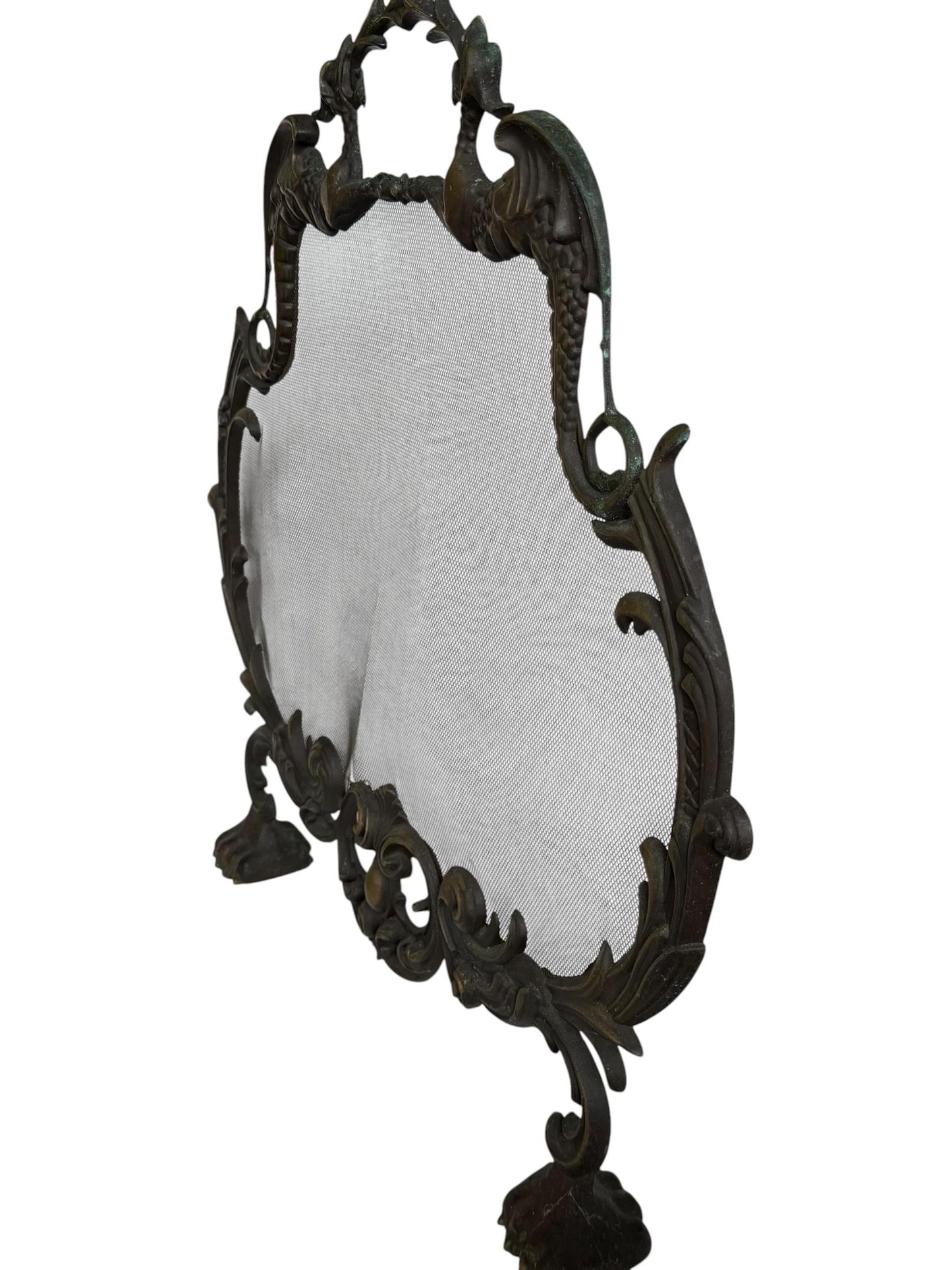 Large Art Nouveau Brass Fireplace Screen with Winged Dragons Griffin Andirons Fire Guard, 2 available furniture