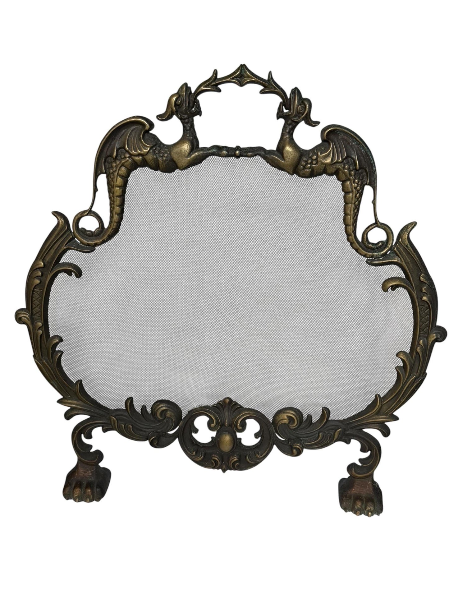 Large Art Nouveau Brass Fireplace Screen with Winged Dragons Griffin Andirons Fire Guard, 2 available furniture