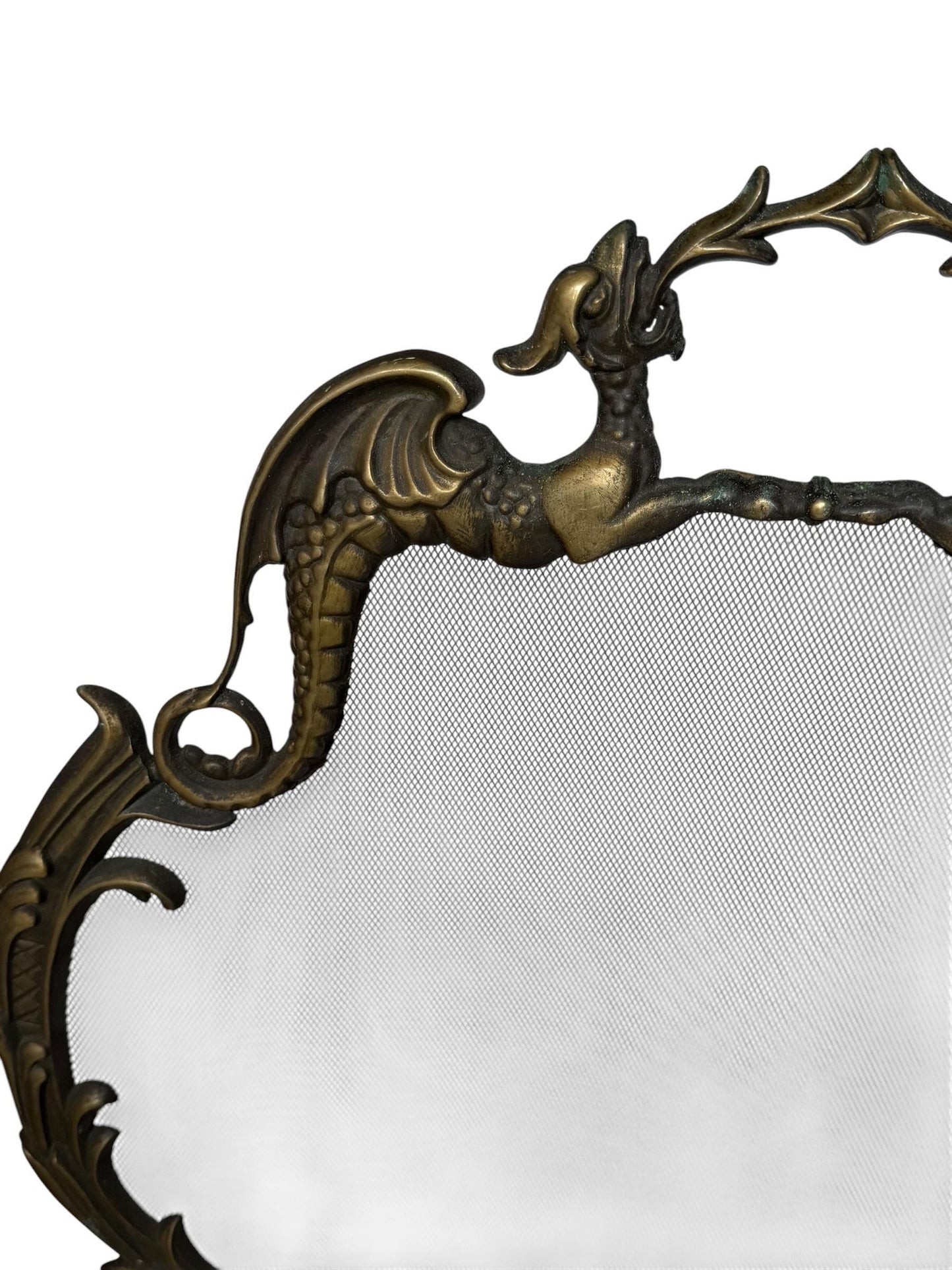 Large Art Nouveau Brass Fireplace Screen with Winged Dragons Griffin Andirons Fire Guard, 2 available furniture