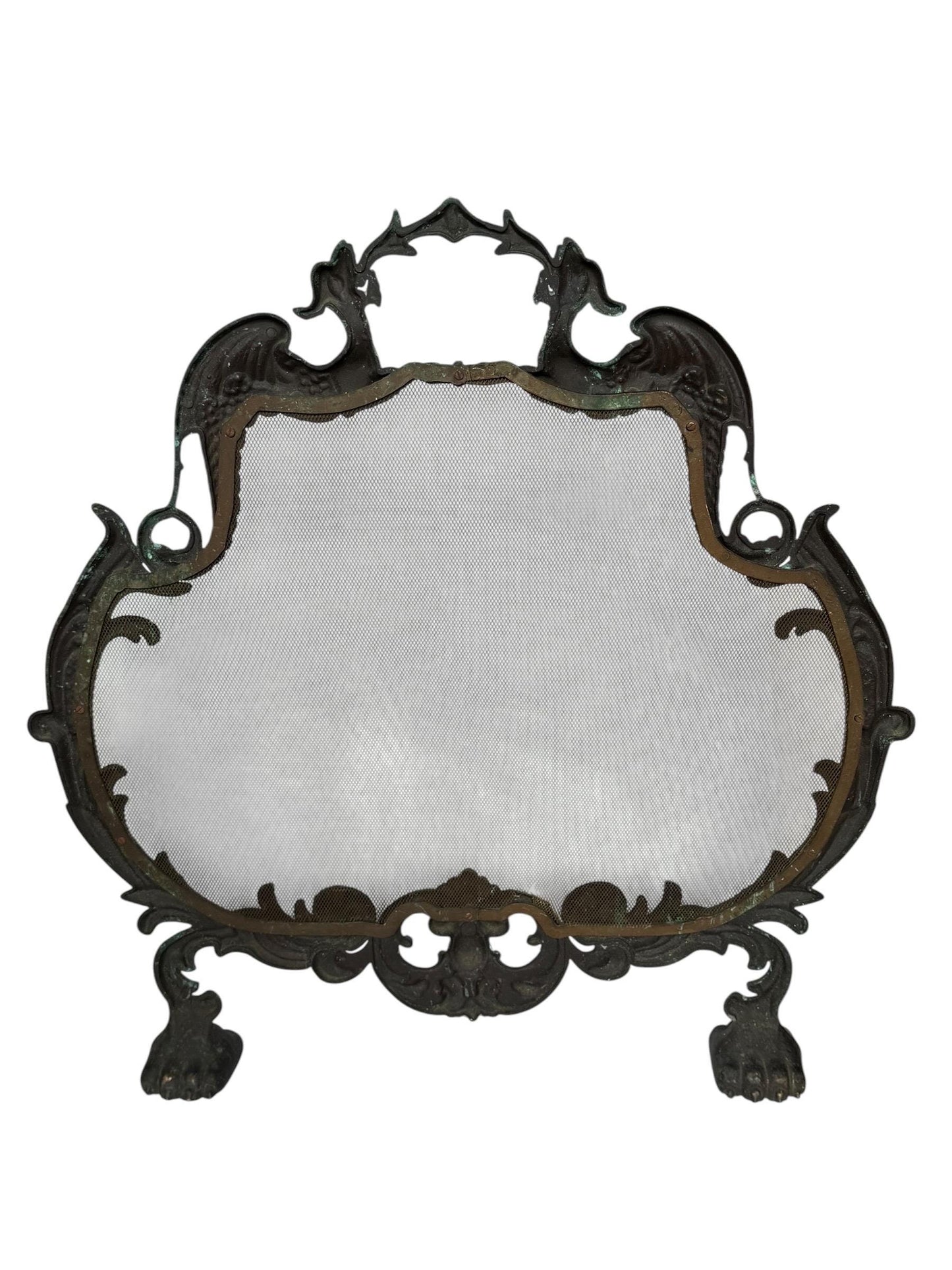 Large Art Nouveau Brass Fireplace Screen with Winged Dragons Griffin Andirons Fire Guard, 2 available furniture