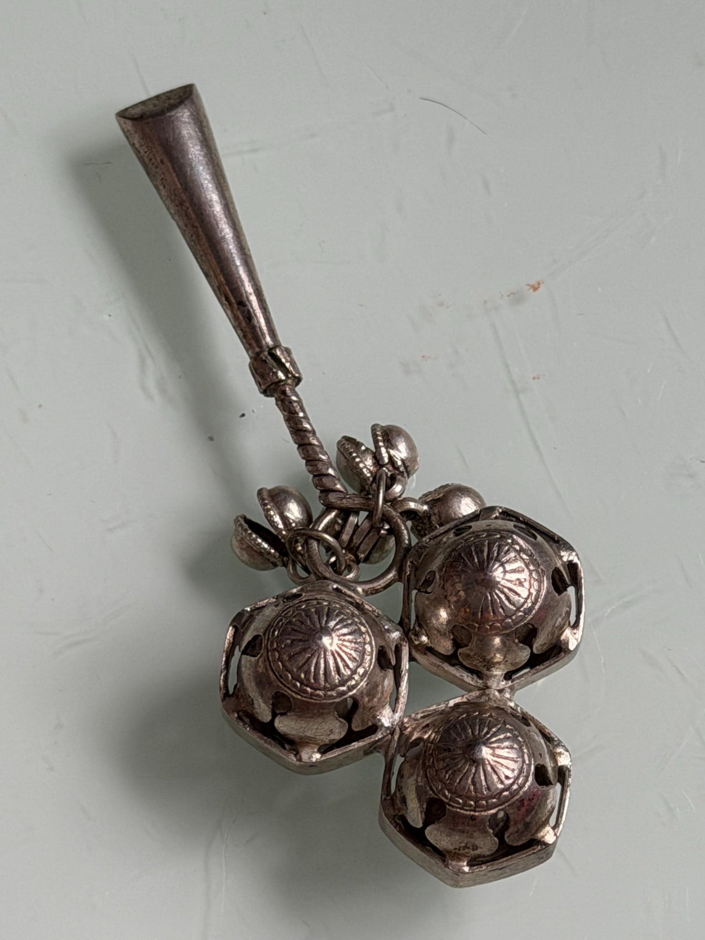 Antique European Silver Baby Rattle flute Three Bells 19th Century baby Toy nursey child shower giftbaby
